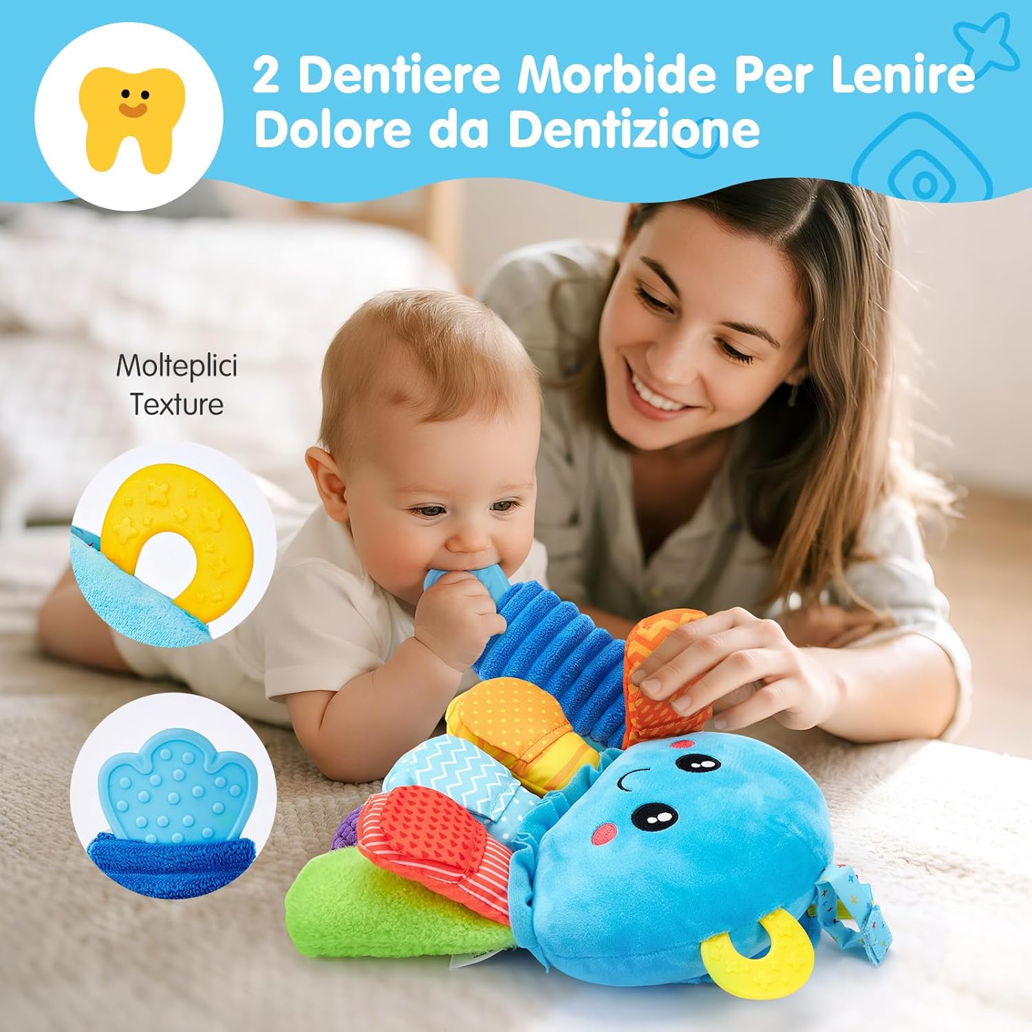 Thumbnail 3 de Peluche polpo multisensoriale Hahaland Giochi Montessori (6 mesi) con sonaglio, specchio e anelli da dentizione