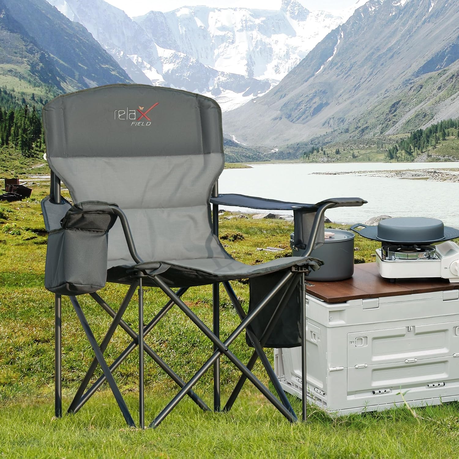 Detalle 2 de RELAX FIELD Set of 2 Oversized Camping Chairs for Adults – Heavy Duty, 200kg Capacity, Cup Holder & Cooler Bag (Grey)