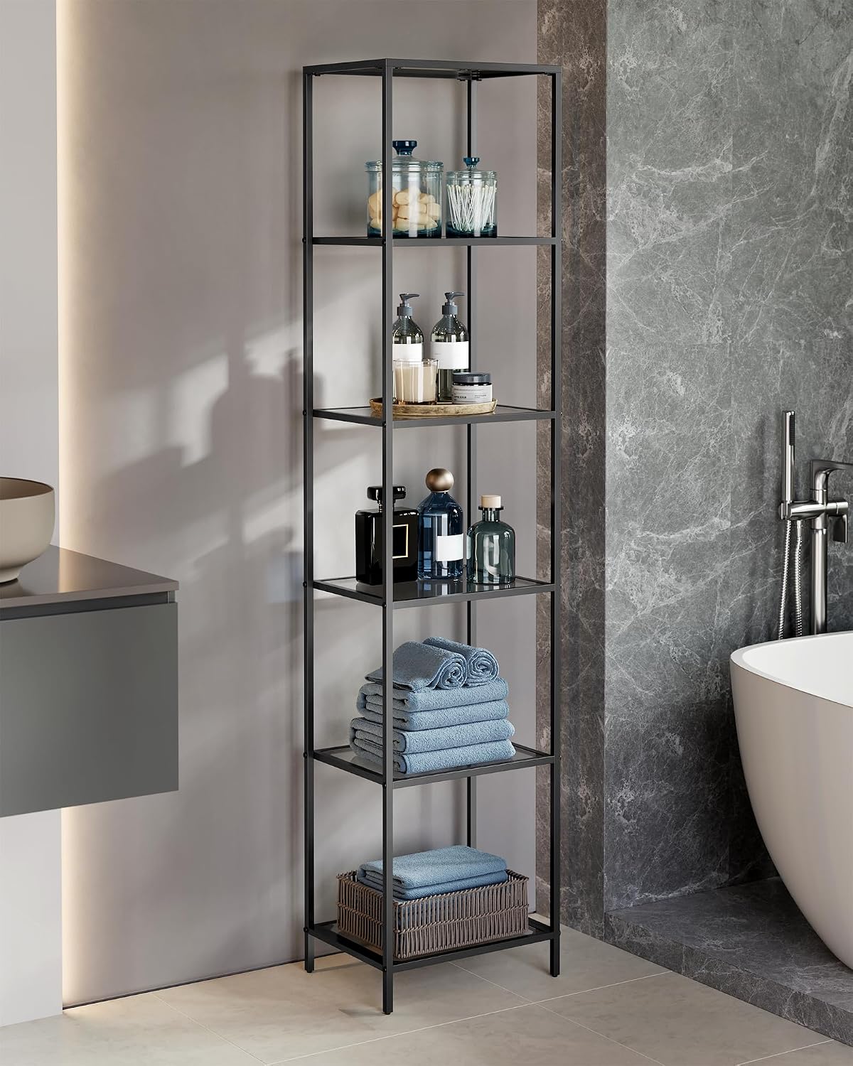 Detalle de VASAGLE LGT500G01 6-Tier Bathroom Shelf with Tempered Glass, Slate Grey