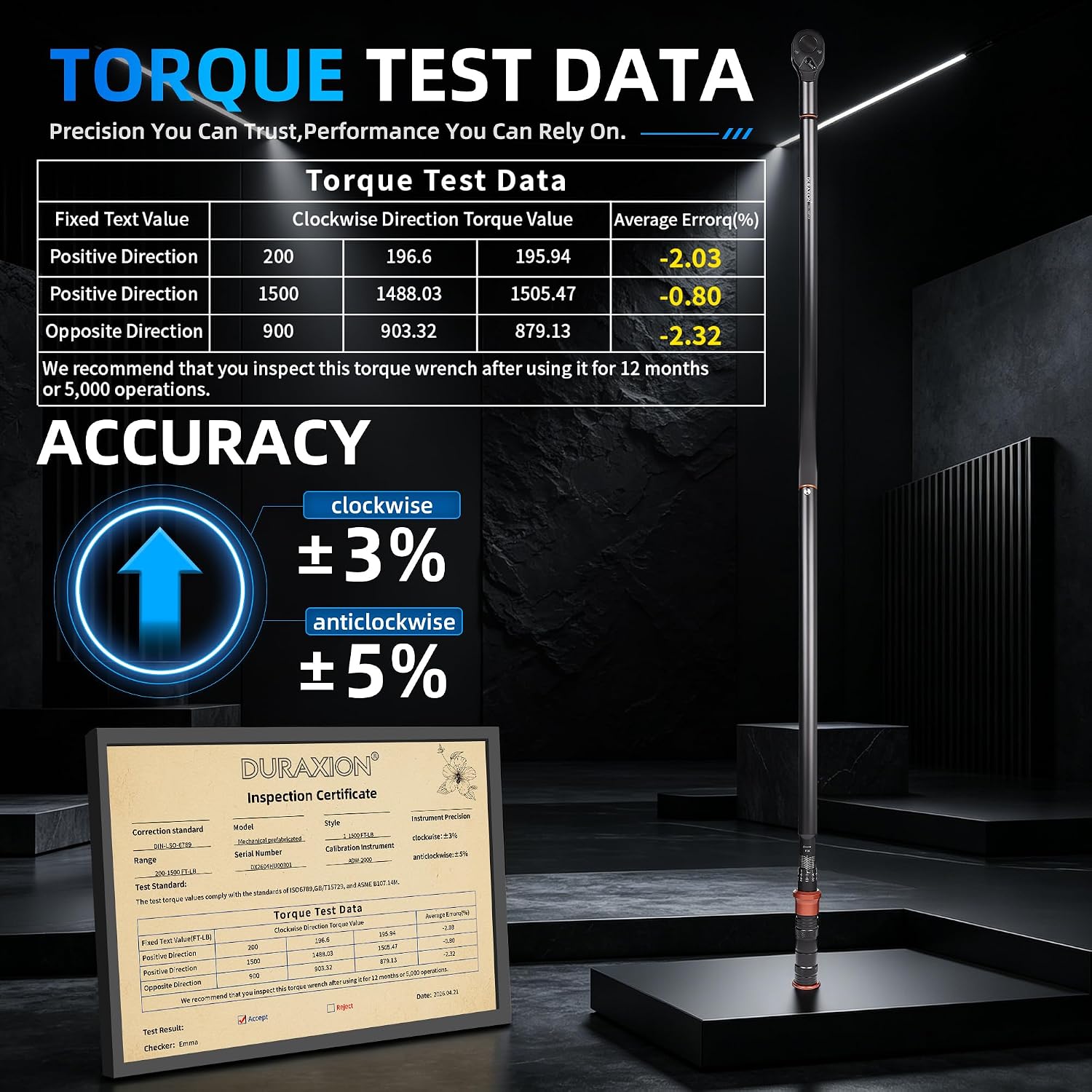 Detalle 2 de DURAXION DRX-Brown 1-Inch Torque Wrench, Dual Scale, 200–1,500 ft-lb