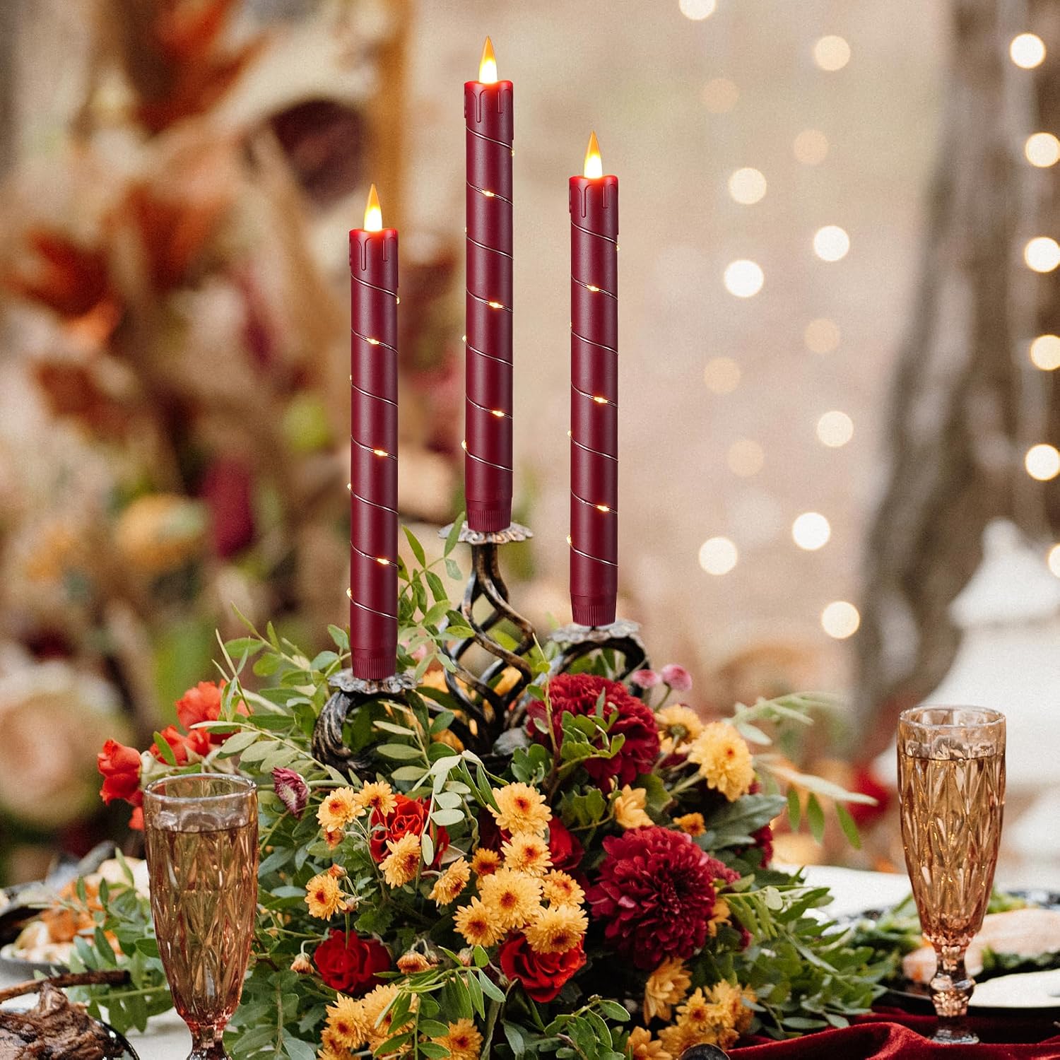 Detalle 2 de Da by 3 Pcs Flickering Flameless Battery Operated Taper Candle Red with Remote