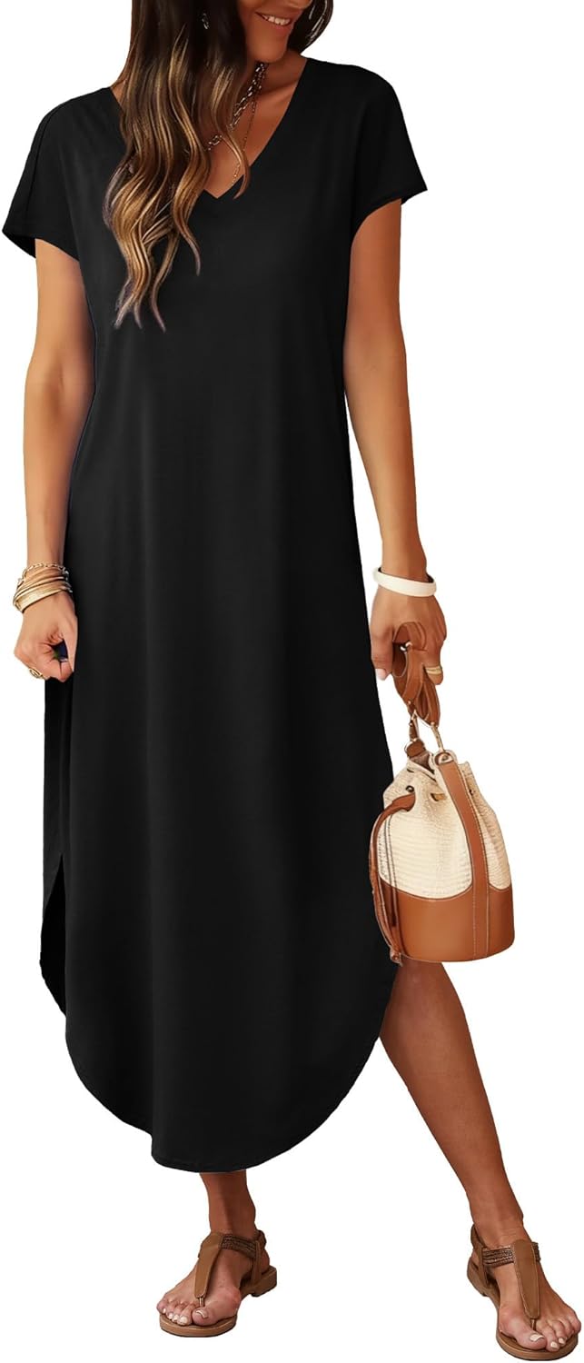 Detalle 2 de RUMIA Summer Casual Maxi Dress with Pockets — V-Neck, Cap Sleeve, Beach-Ready