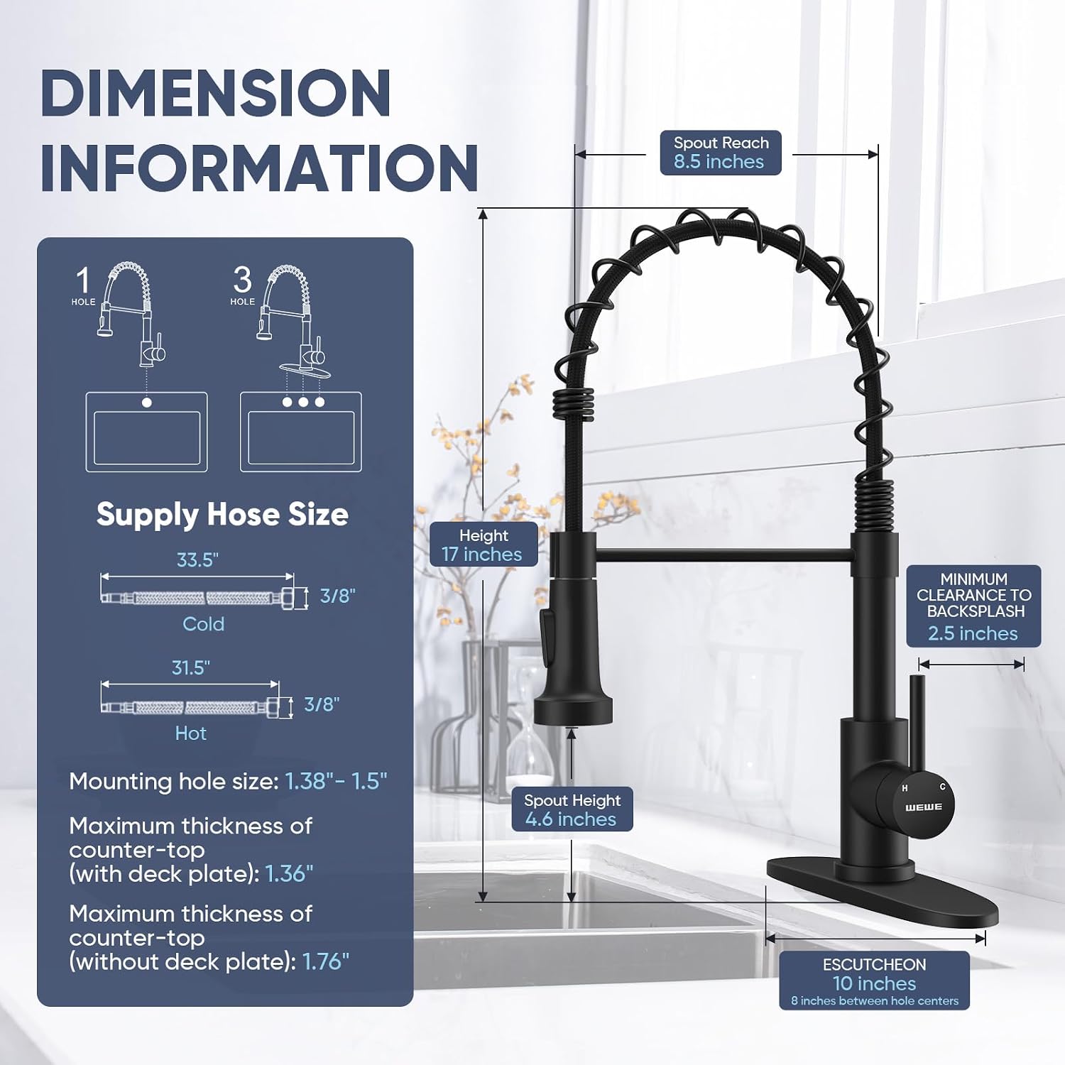 Detalle de WEWE A8018-05-02MB Black Kitchen Faucet, Pull-Down Sprayer, 360° Swivel