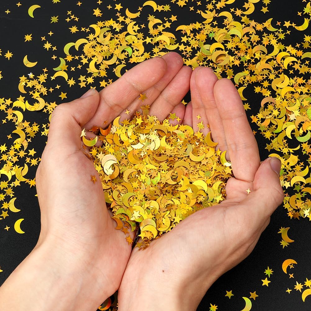 Detalle 2 de HOTUT Confettis Étoilé Lune, 45 g – Or, Confettis étoiles et lunes pour décorations festives