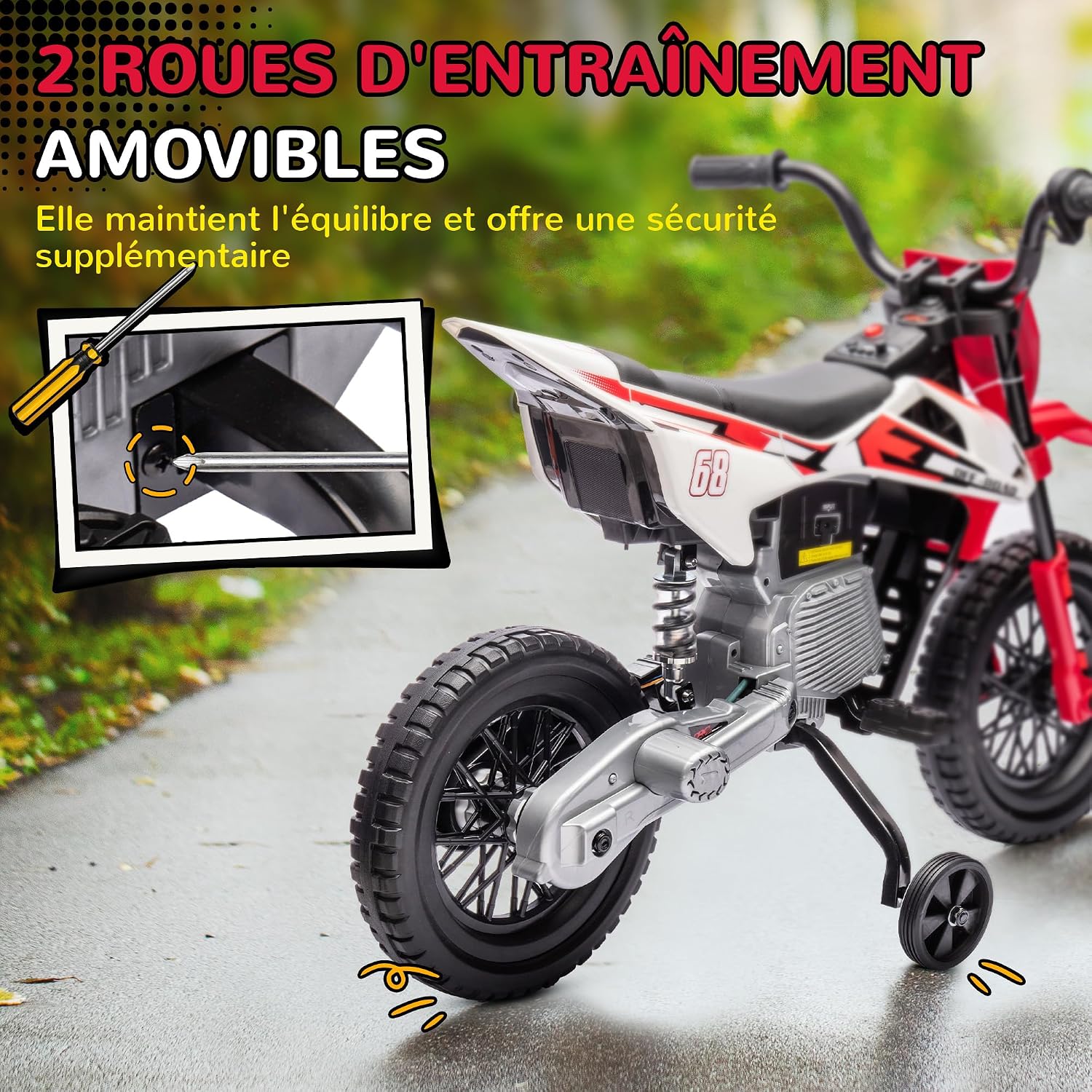 Detalle 2 de AIYAPLAY Moto électrique pour enfants (12V) type cross, 2 moteurs, vitesse réglable jusqu’à 5 km/h – Rouge