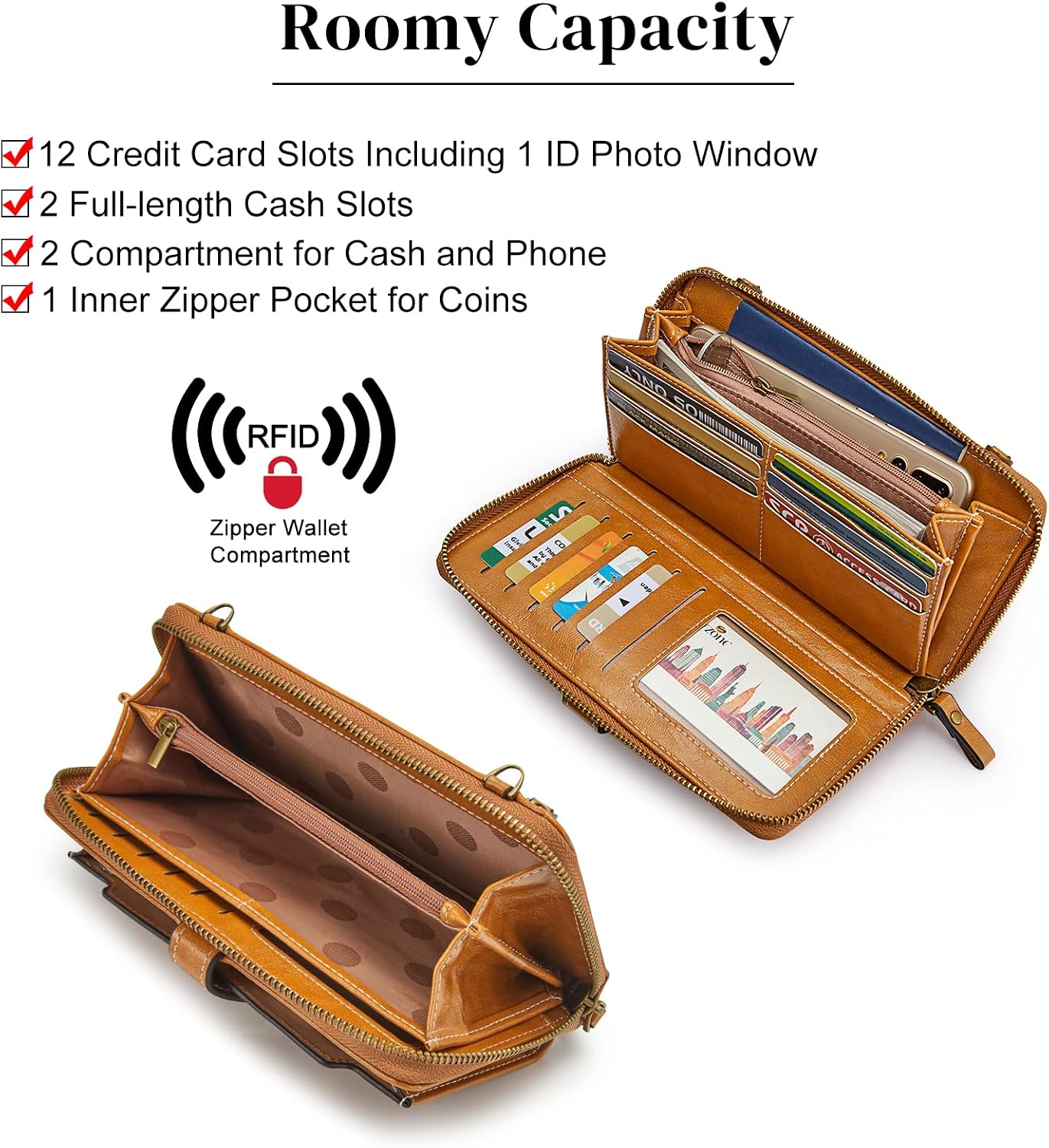 Detalle de S-ZONE Pn21b017 Porte-monnaie pour téléphone Femme – portefeuille bandoulière RFID