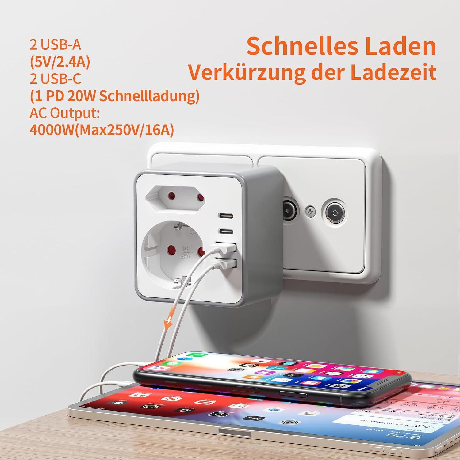 Detalle 2 de Realmade 2-Fach Steckdosenleiste mit 4 USB-Anschlüssen – 20W PD, Weiß