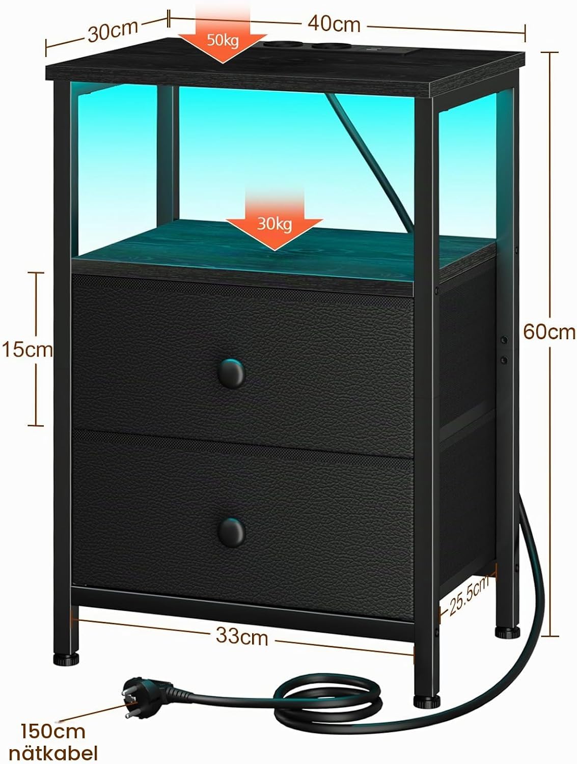 Detalle de AMHANCIBLE HETS02BK-1 sängbord med RGB LED, laddstation och två tyglådor