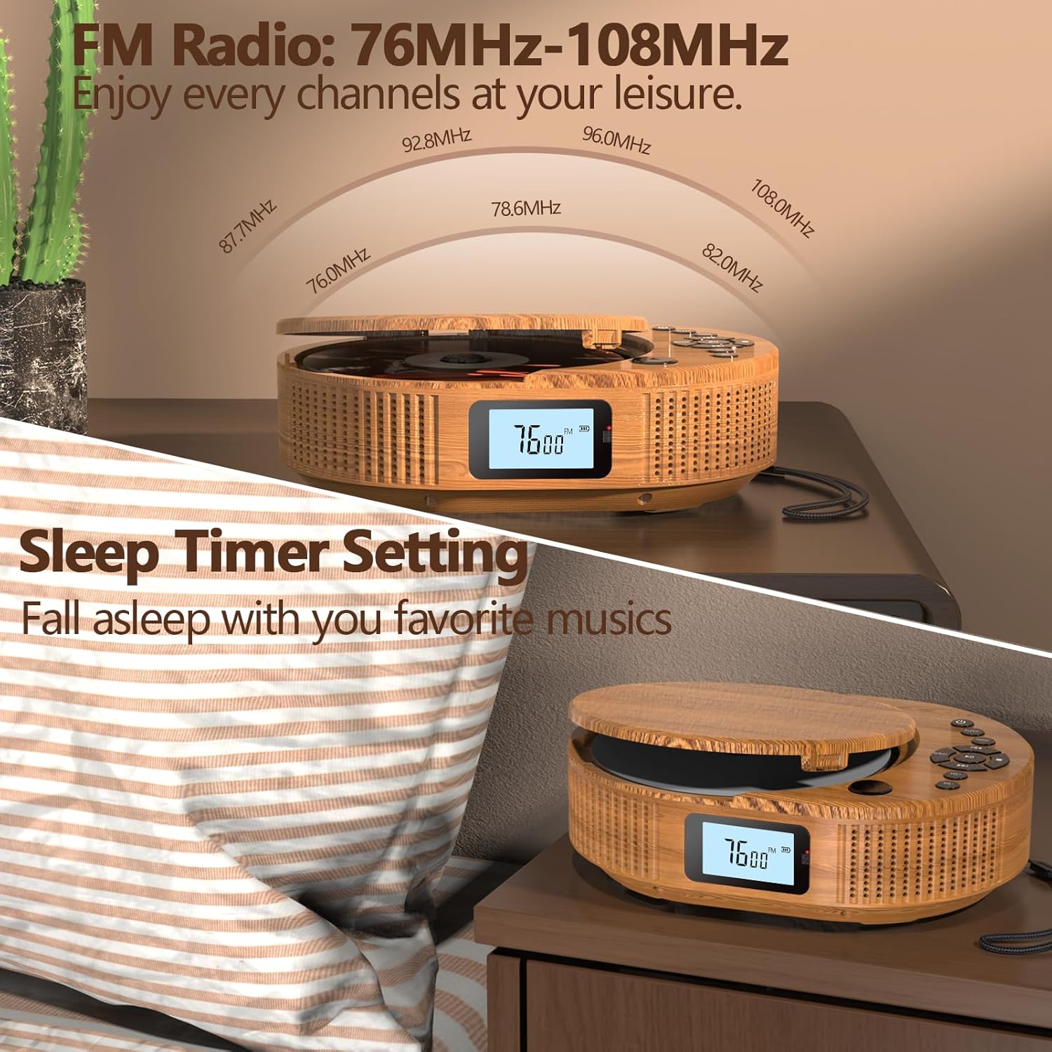 Detalle de Lecteur CD Boombox 2-en-1 Bluetooth rechargeable avec radio FM et haut-parleur (télécommande, AUX/USB, prise casque)