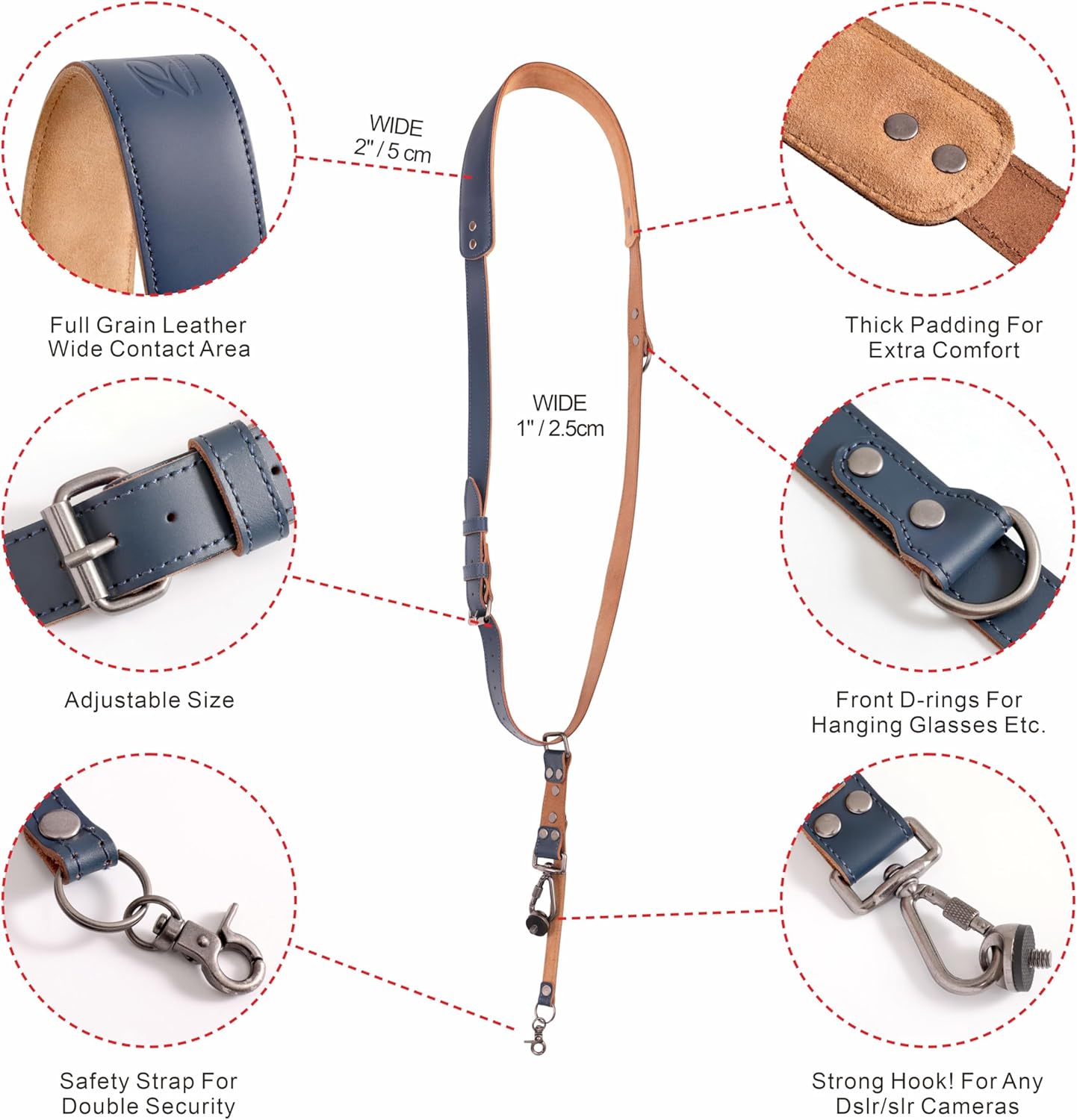 Detalle de Padwa Lifestyle Blauer Einzel-Kamera-Gurt aus Vollnarbenleder – Für DSLR/SLR
