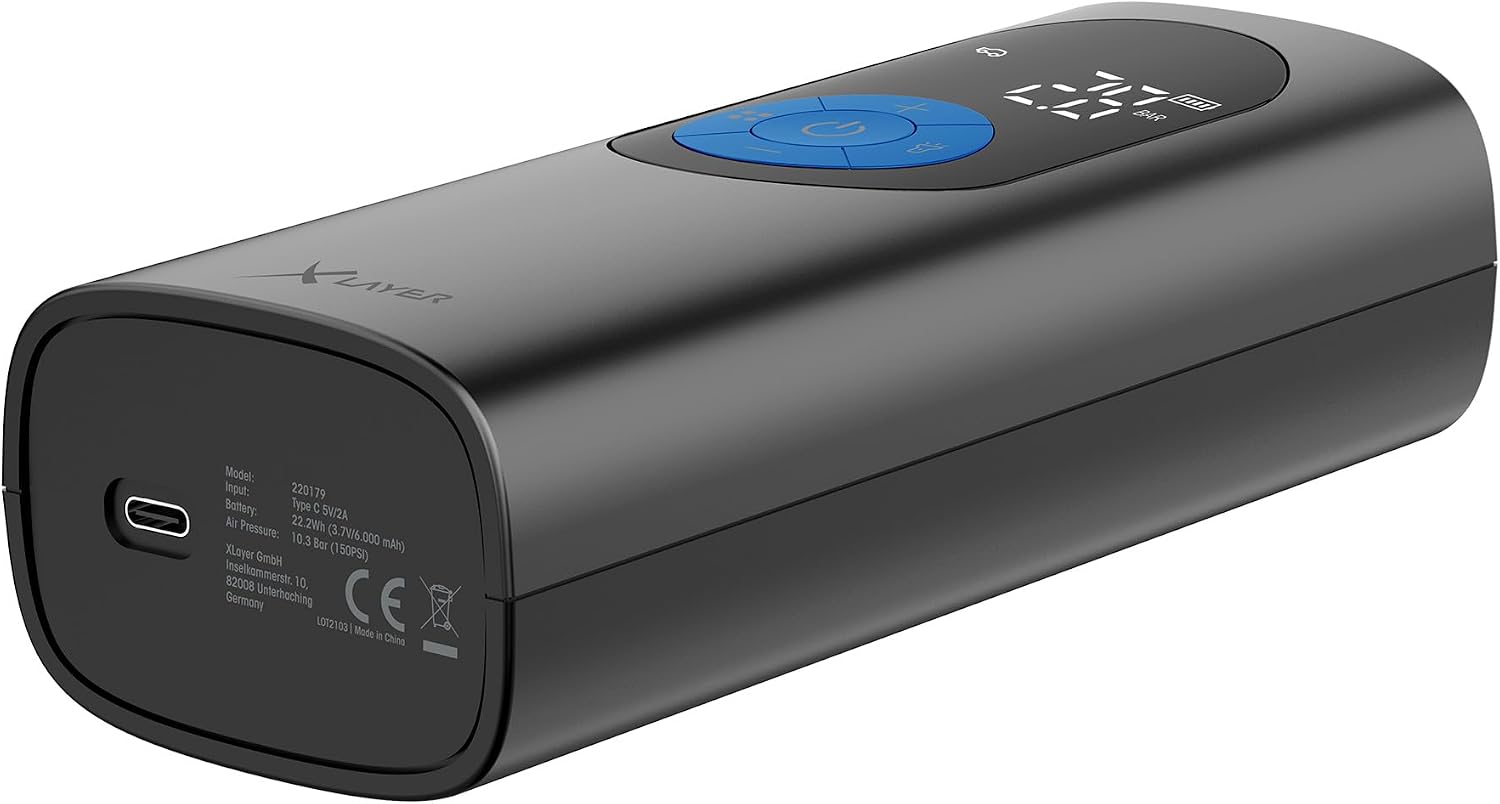 Detalle de XLayer Elektrische Luftpumpe mit 6.000 mAh – mobiler Akkukompressor für Auto, Fahrrad, Motorrad, Luftbett und Bälle