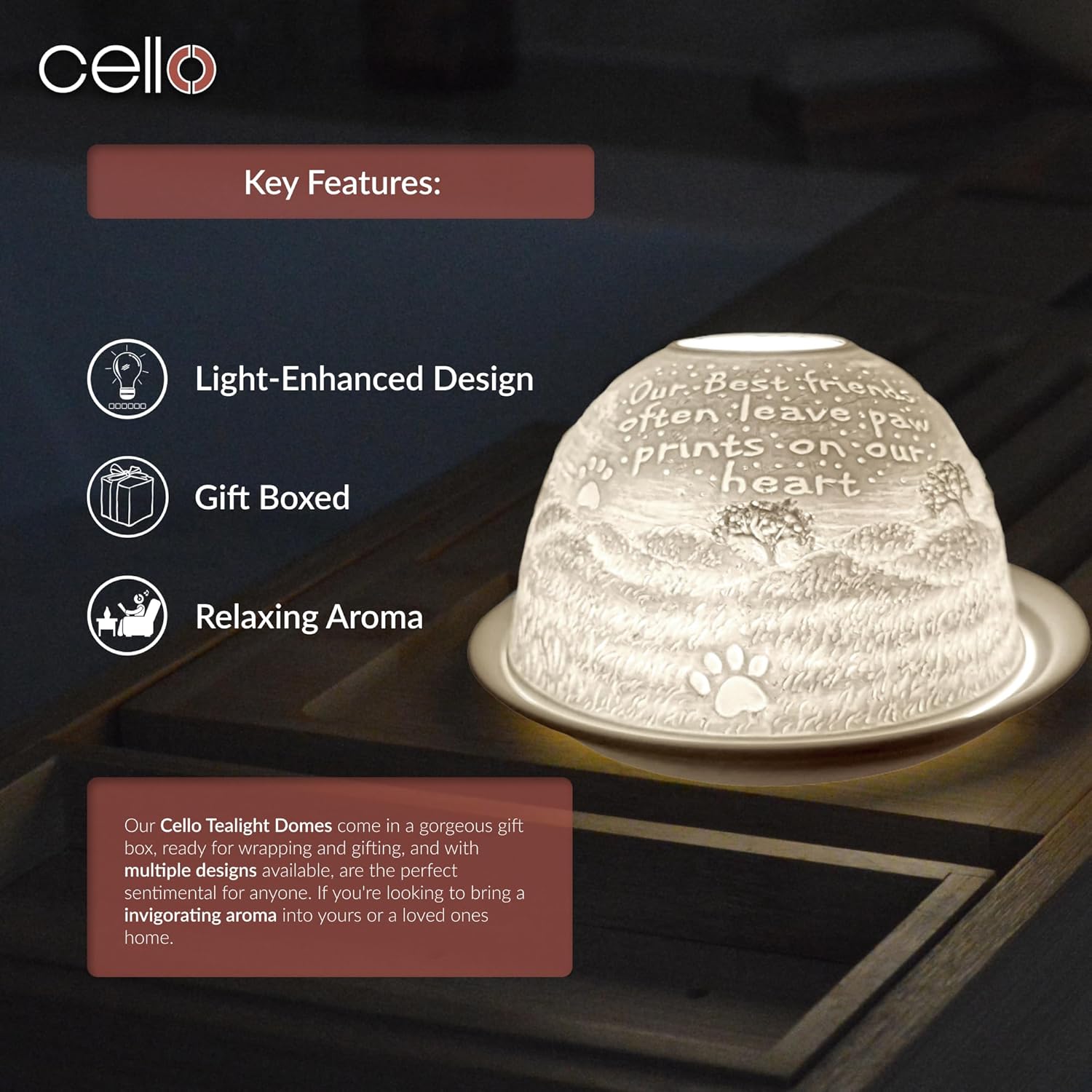 Thumbnail 4 de Cello Porcelain Tealight Holder Dome with Pawprint 3D Projection & Message Lithophane (Dog Lovers Gift)