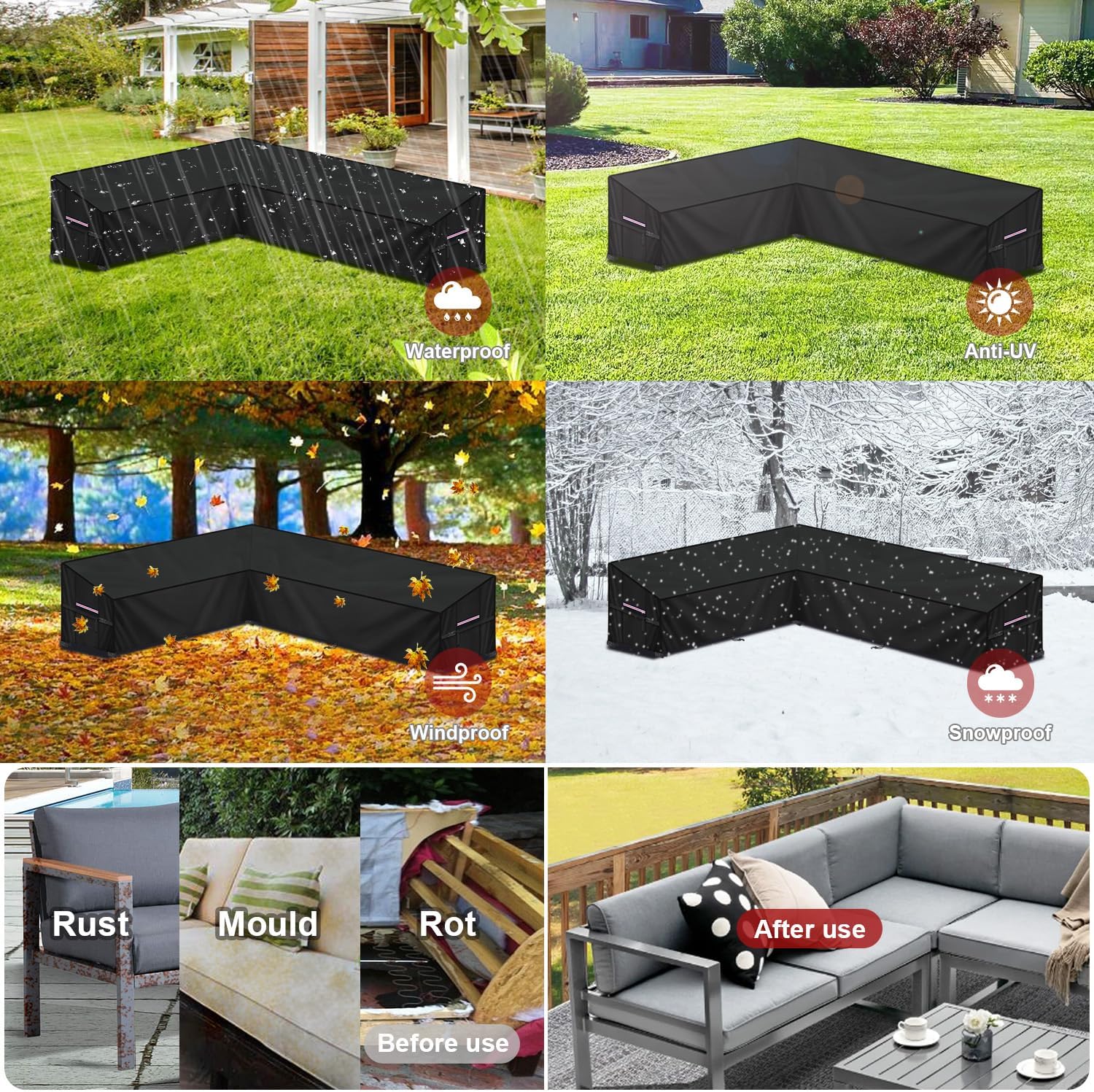 Thumbnail 4 de LAMUNI L-Shaped Garden Furniture Cover: 180x260x90x80/60cm, Waterproof 420D Oxford with UV Protection