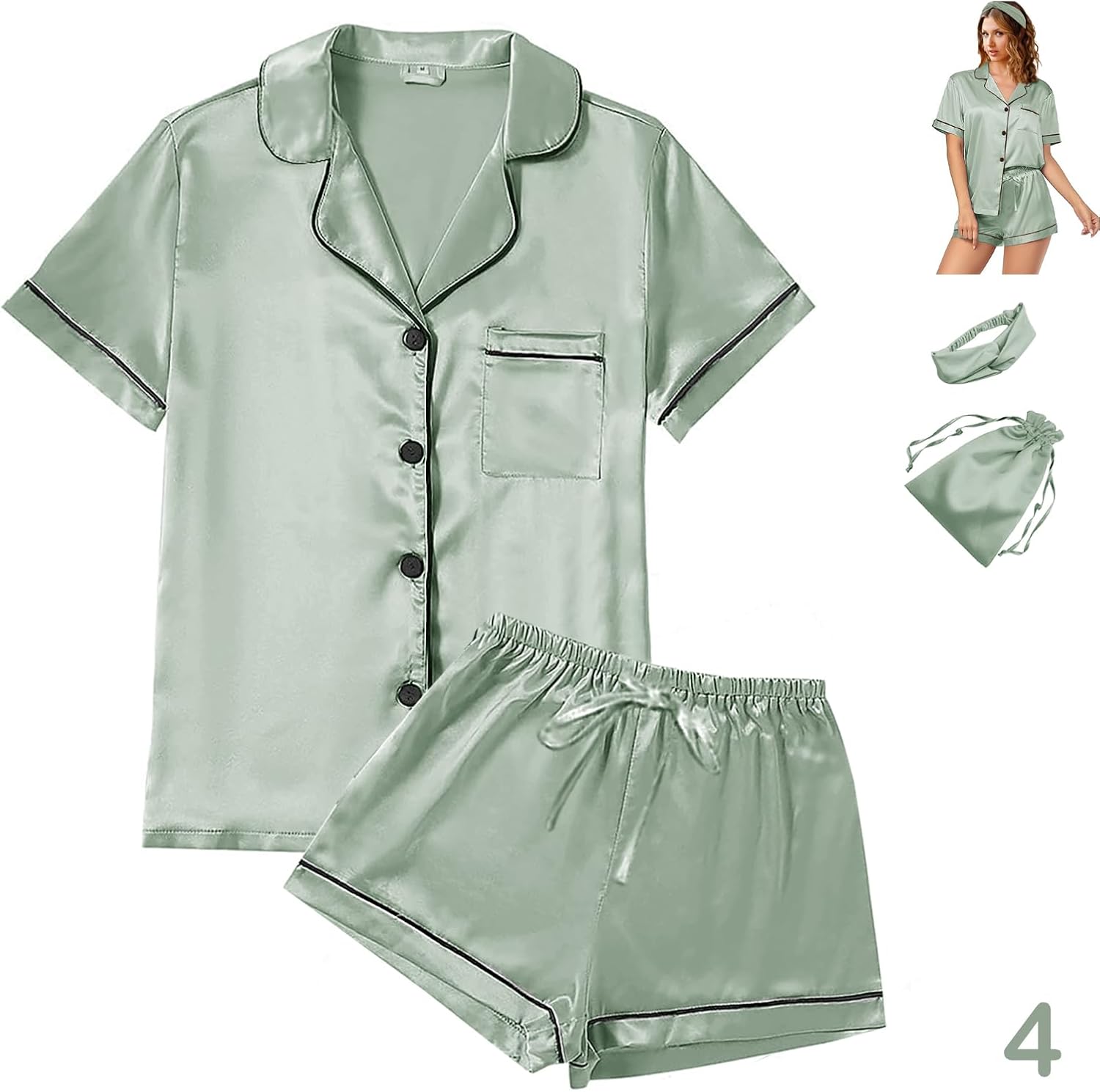 Thumbnail 5 de WJing Yi Jia 4Pcs Women's Satin Silky Pajama Set with Floral Pattern