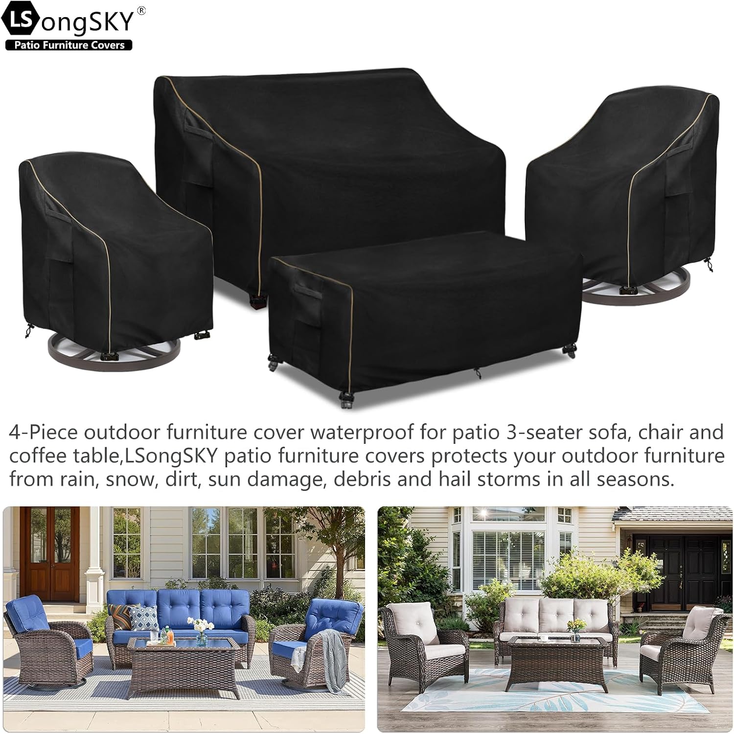 Detalle de LSongSKY Black-4 Piece Set X-Large Patio Furniture Covers, 600D Oxford