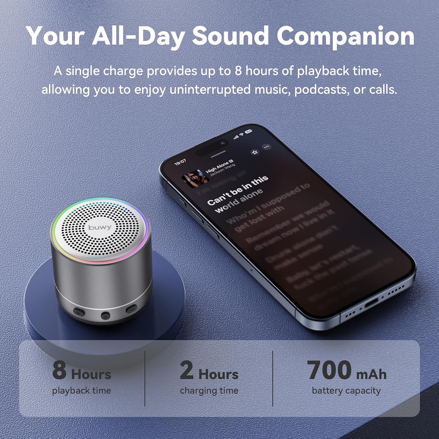 Detalle de buwy Mini Bluetooth-Lautsprecher – 83 g, IPX7, Bluetooth 5.4, RGB-Lichteffekte