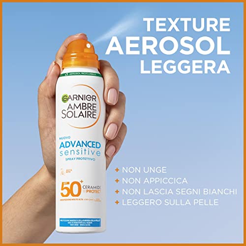 Detalle 2 de Garnier Ambre Solaire Advanced Sensitive Adulti Ceramide Protect Spray SPF 50+ – Protezione molto alta per pelli sensibili, senza profumo (150 ml)