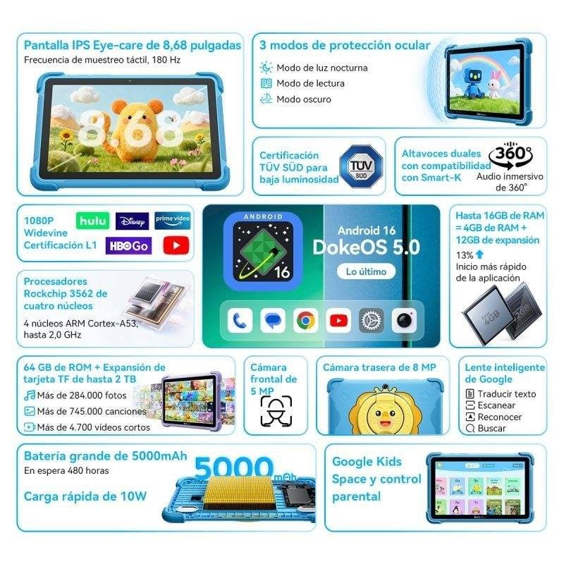 Detalle 2 de Tablet Blackview Link 1 Kids WiFi 8,68" — Seguridad, aprendizaje y juego en una sola tablet para niños