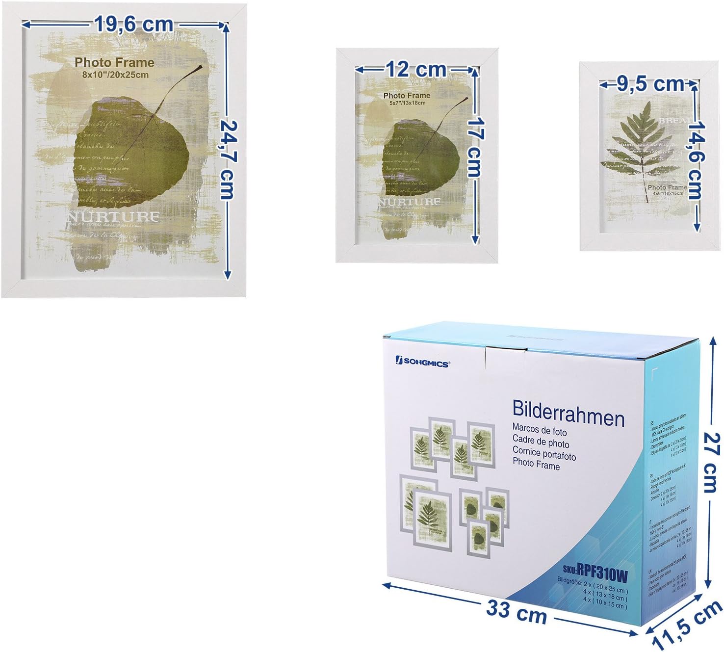 Detalle 2 de SONGMICS Bilderrahmen 10er-Set RPF310W für 3 Größen (Kunststoffscheibe, MDF) – für 2/4/4 Fotos