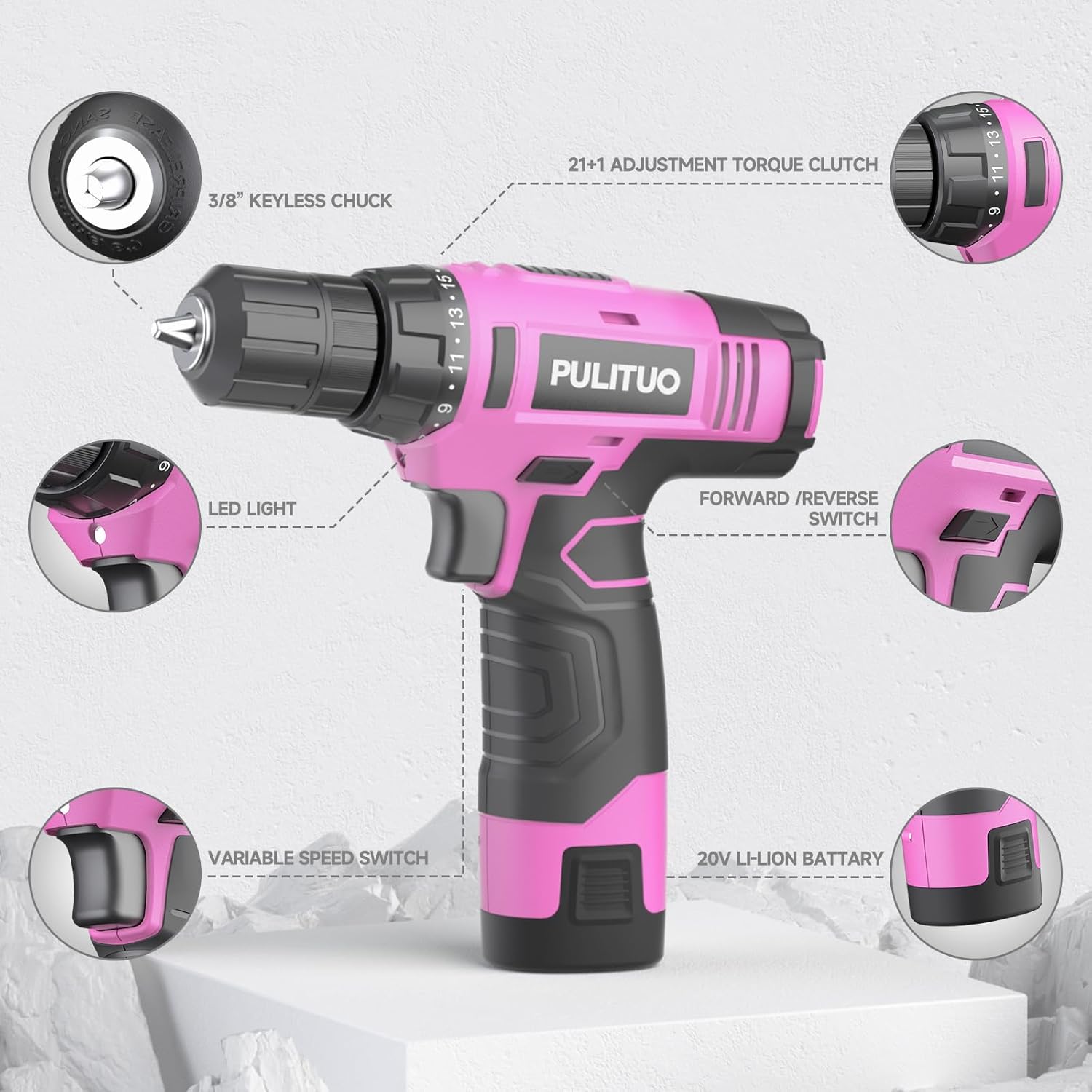 Thumbnail 2 de PULITUO 12V Cordless Drill (Li-Ion) with 21+1 Torque Settings and LED Light