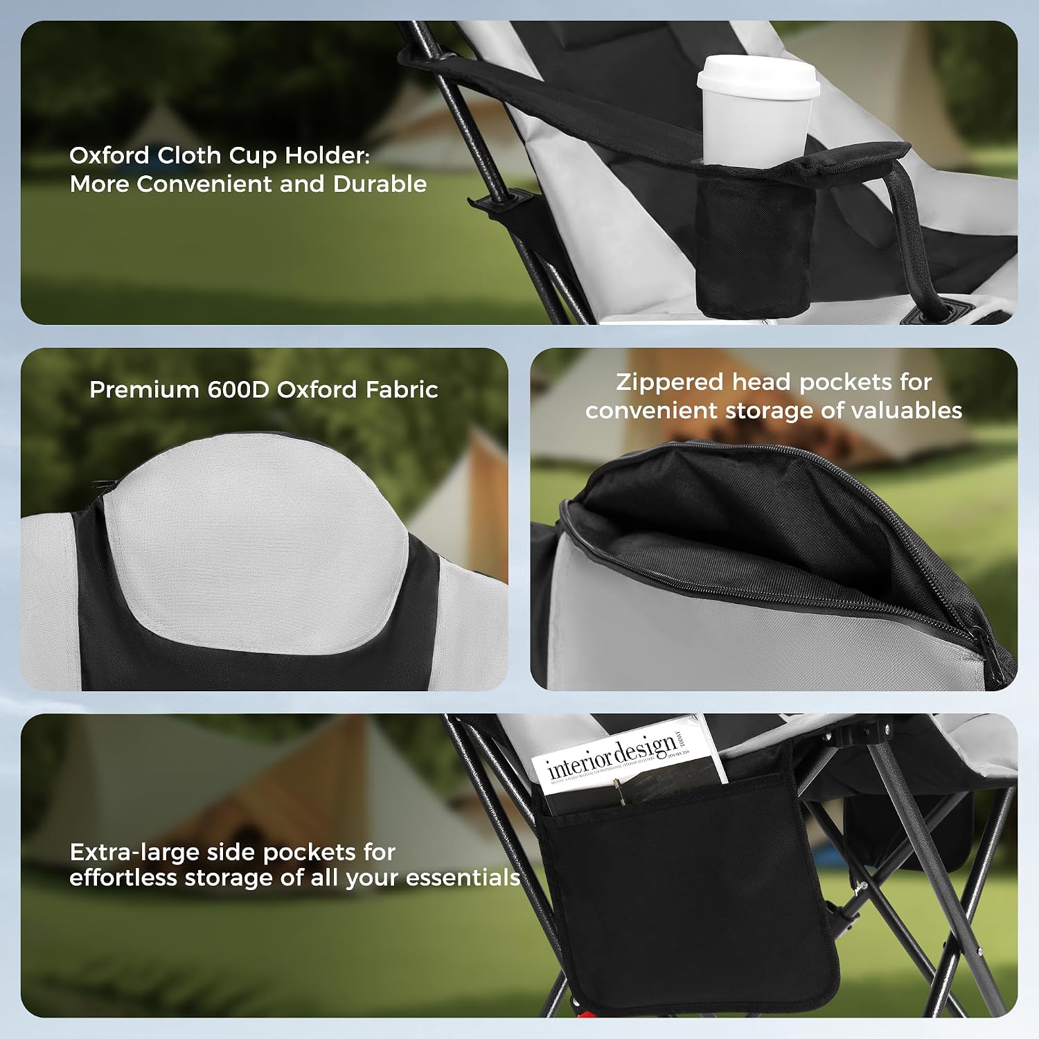Detalle de OUTSIDER 3-Position Camping Chair for Adults – 350 lb Capacity with Pockets and Cup Holder