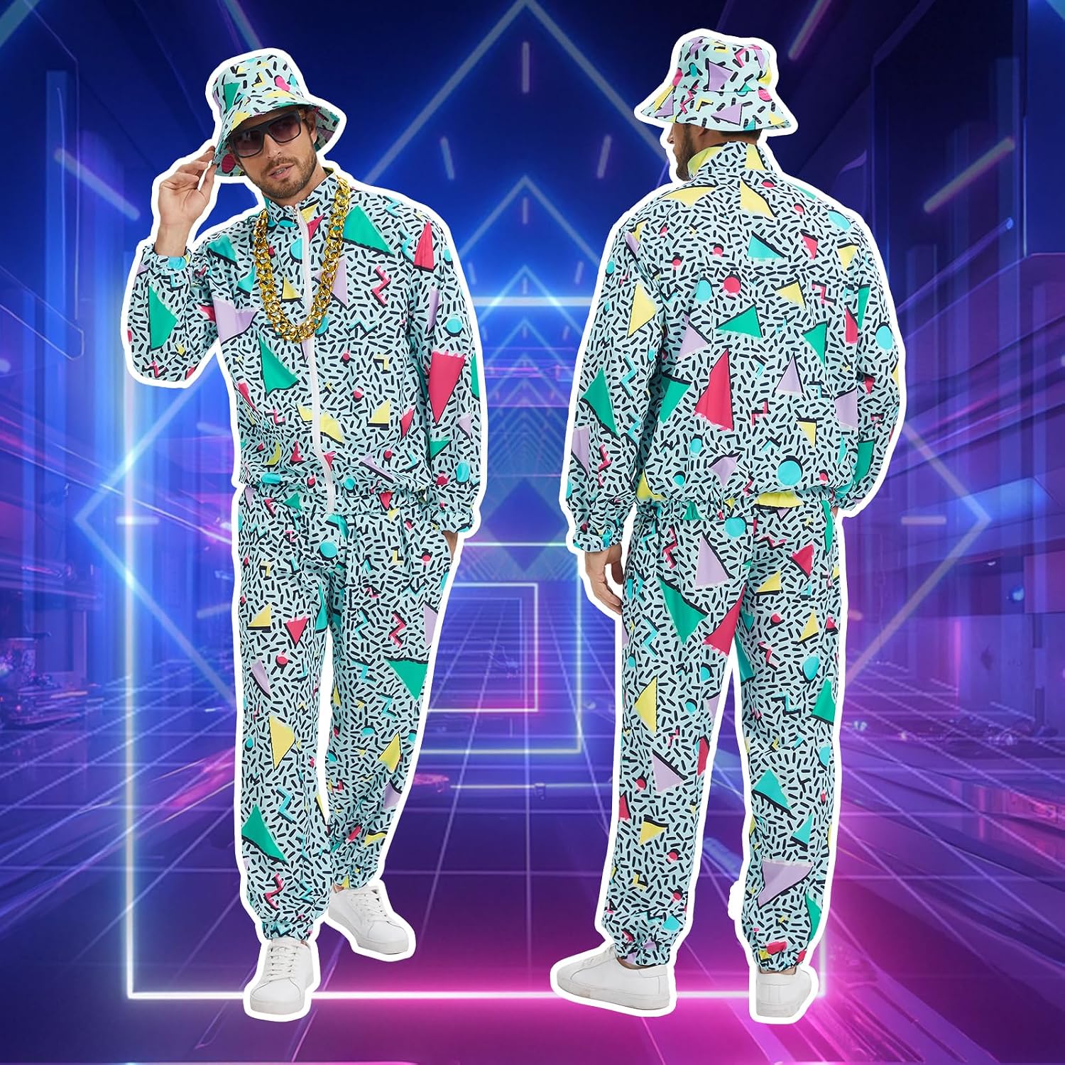 Detalle 2 de OPAEHJF 80s/90s Men’s Tracksuit Costume Set (8 pieces) – neon windbreaker, hat, sunglasses & more