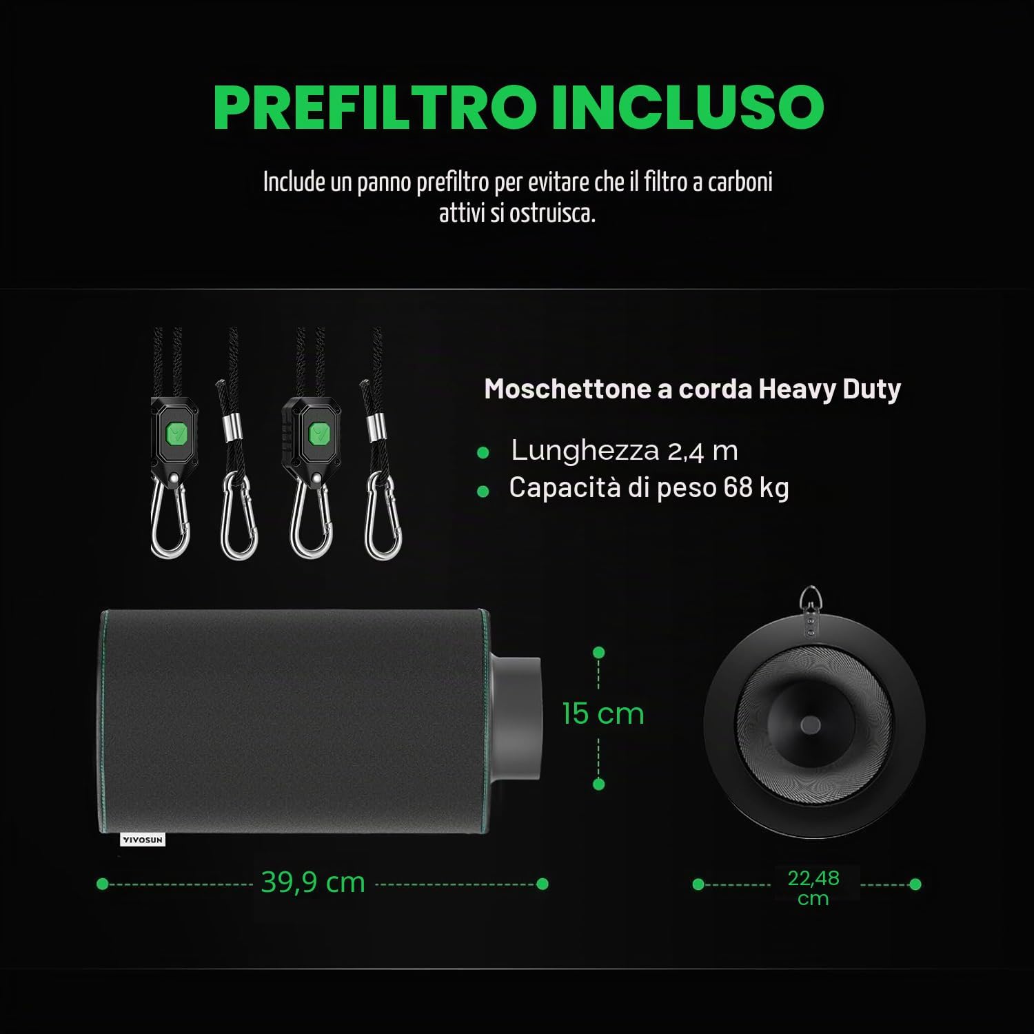 Detalle de Filtro a Carbone Attivo 150 mm / 6'' di VIVOSUN con carbone australiano RC412 – controllo odori per grow tent e coltivazione indoor