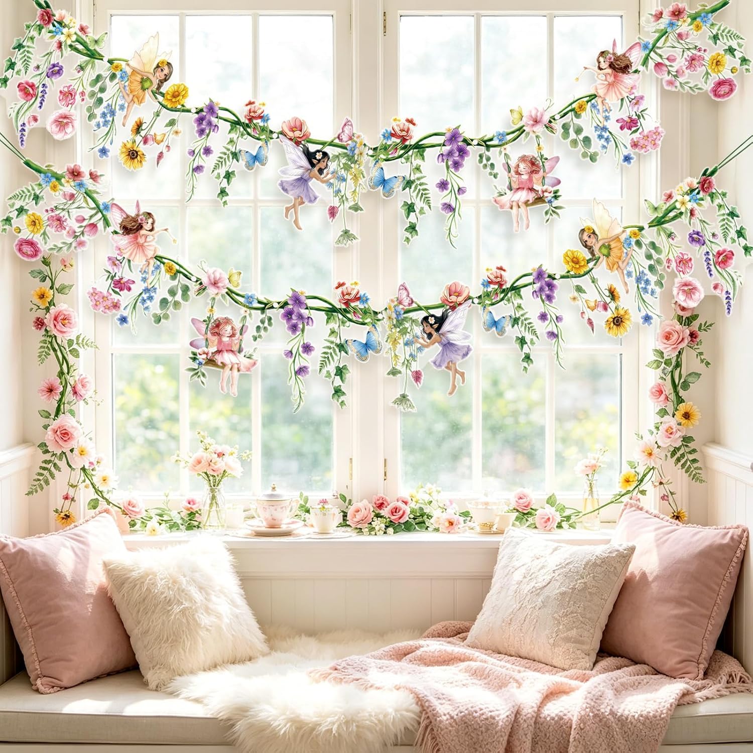 Detalle de SUNBEAUTY 2er Set PET Blumen Girlande Wildblumen – Wiederverwendbare Deko für Babyzimmer und Gartenparty
