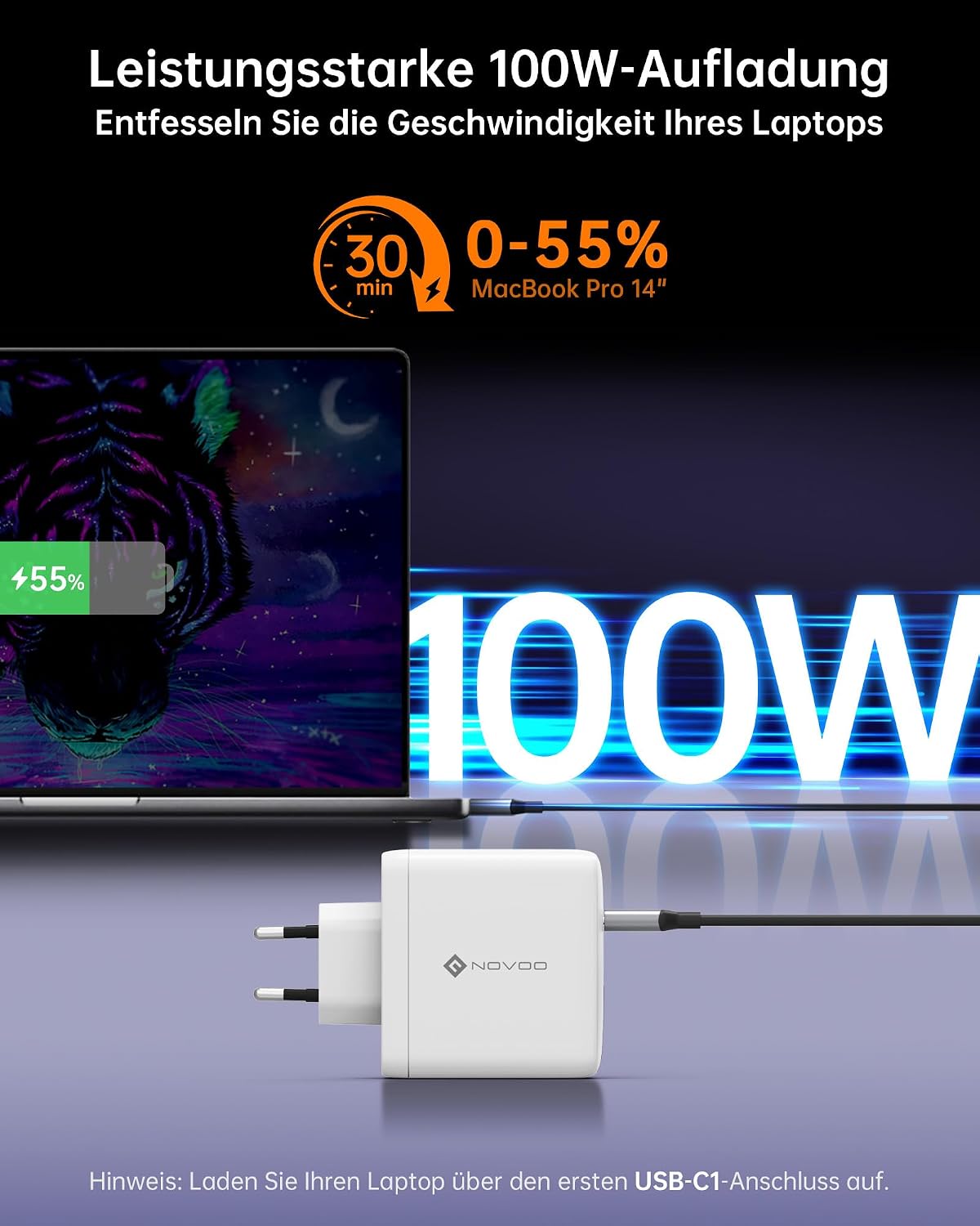 Detalle de NOVOO GaN 120W Charger USB-C con 3 porte e cavo PD 100W – alimentatore universale per MacBook Pro, iPhone 16 Pro Max e Samsung