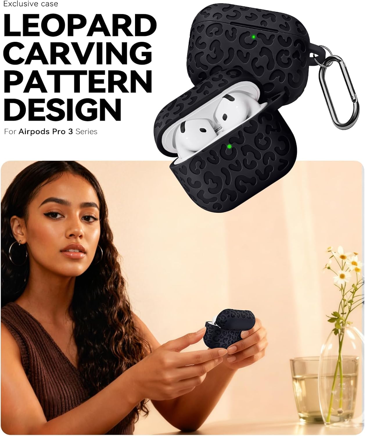 Detalle de MCTOPZO Leopard Carving Silicone Case for AirPods 4 (2024) USB‑C with Keychain & 3‑in‑1 Cleaning Kit (Black)