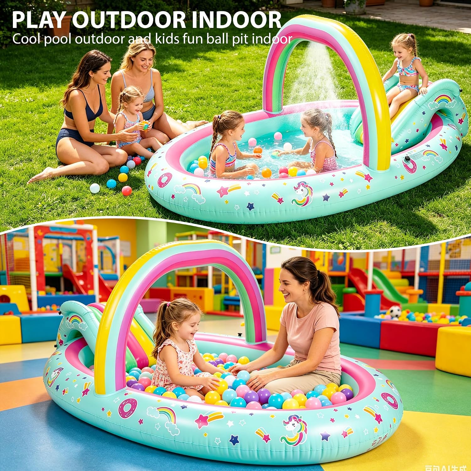 Thumbnail 6 de SULIFEEL Rainbow Unicorn Inflatable Play Center: 96'' x 59'' x 39'' Kiddie Pool with Slide and Sprinkler