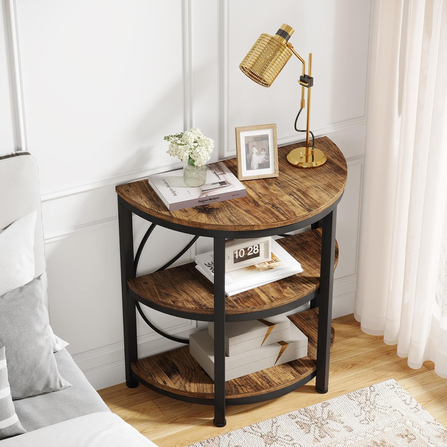 Detalle de Tribesigns JW0589 Half-Moon Side Table, 3-Tier Storage, Metal Frame