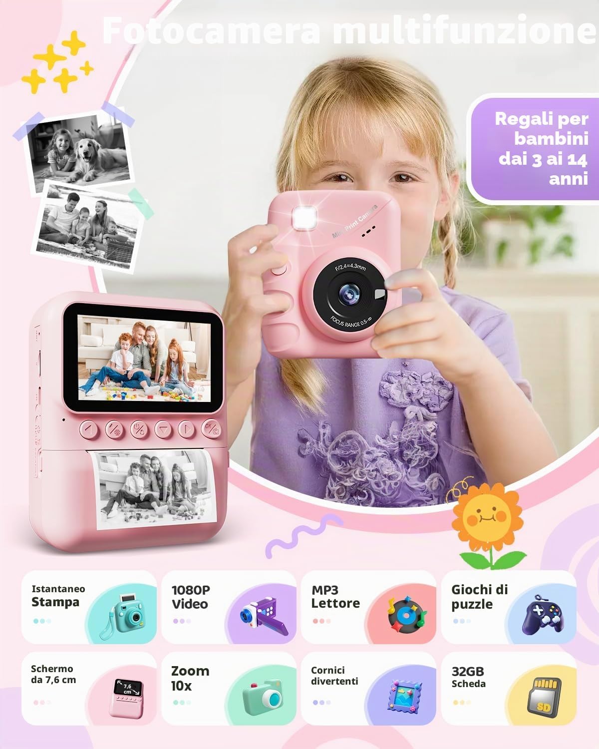 Thumbnail 1 de TIATUA Macchina Fotografica Bambini Istantanea 3.0" | 32GB + 3 Rotoli di Carta - Rosa