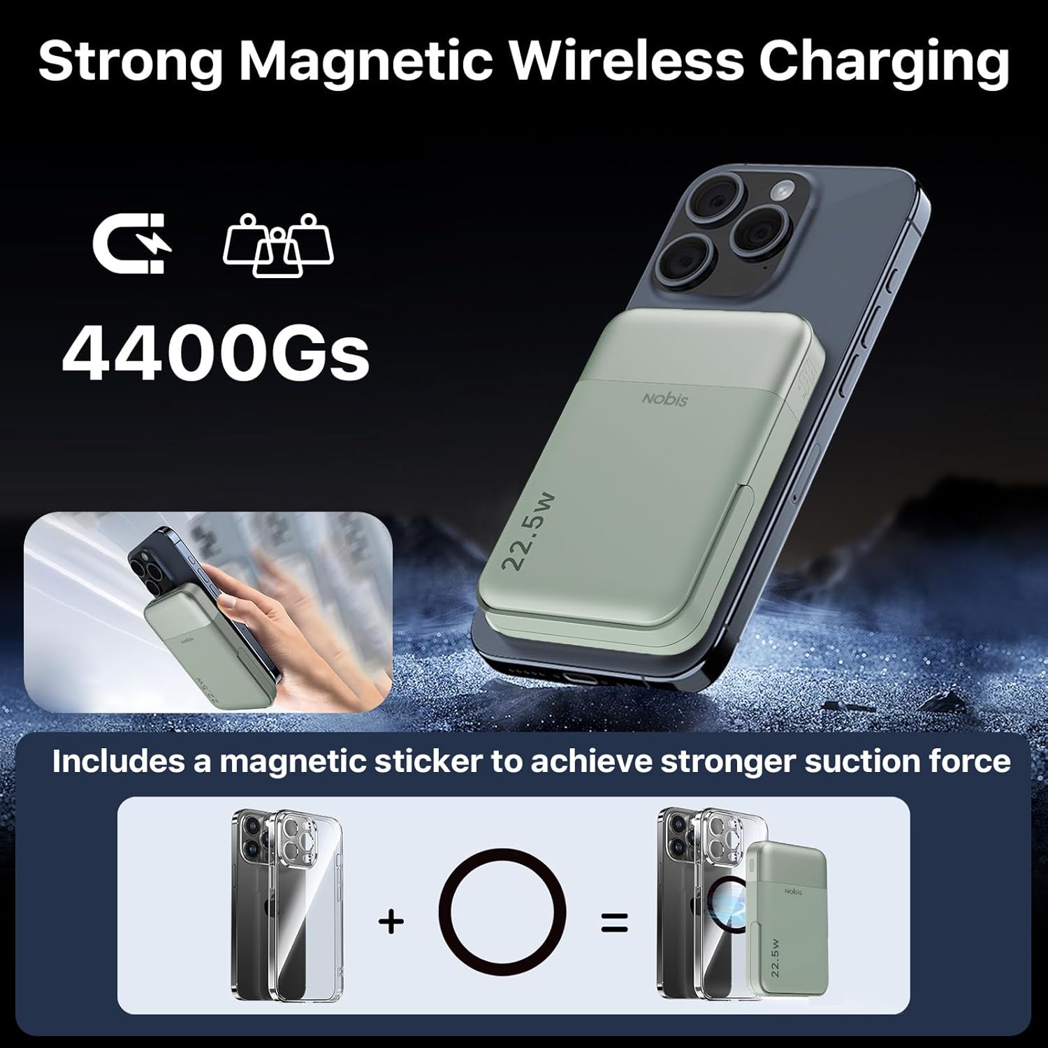 Detalle de Nobis A2641 Power Bank Magnetico 10000mAh: ricarica wireless MagSafe 22.5W con display e supporto multiplo