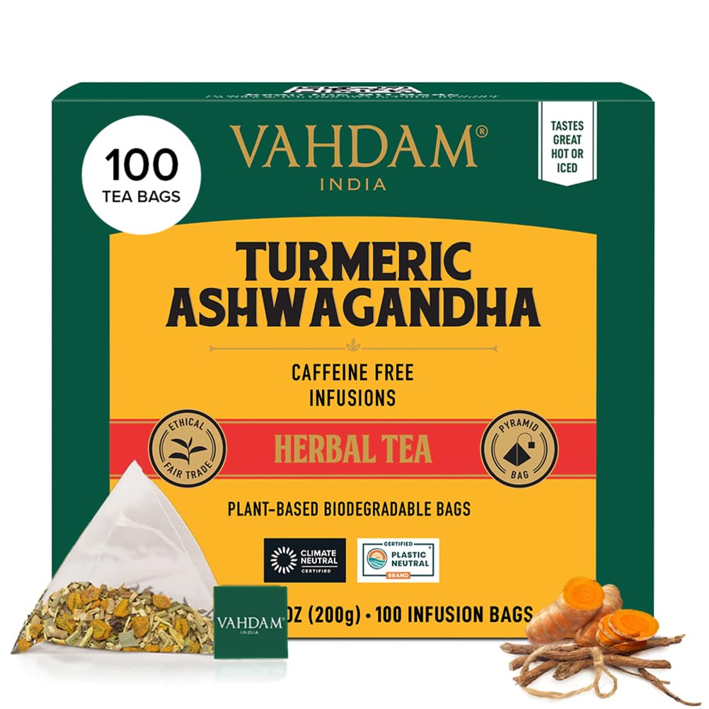Detalle de VAHDAM Kurkuma Ashwagandha Kräutertee (100 Teebeutel) – koffeinfrei mit Kurkuma, Zitronengras & schwarzem Pfeffer