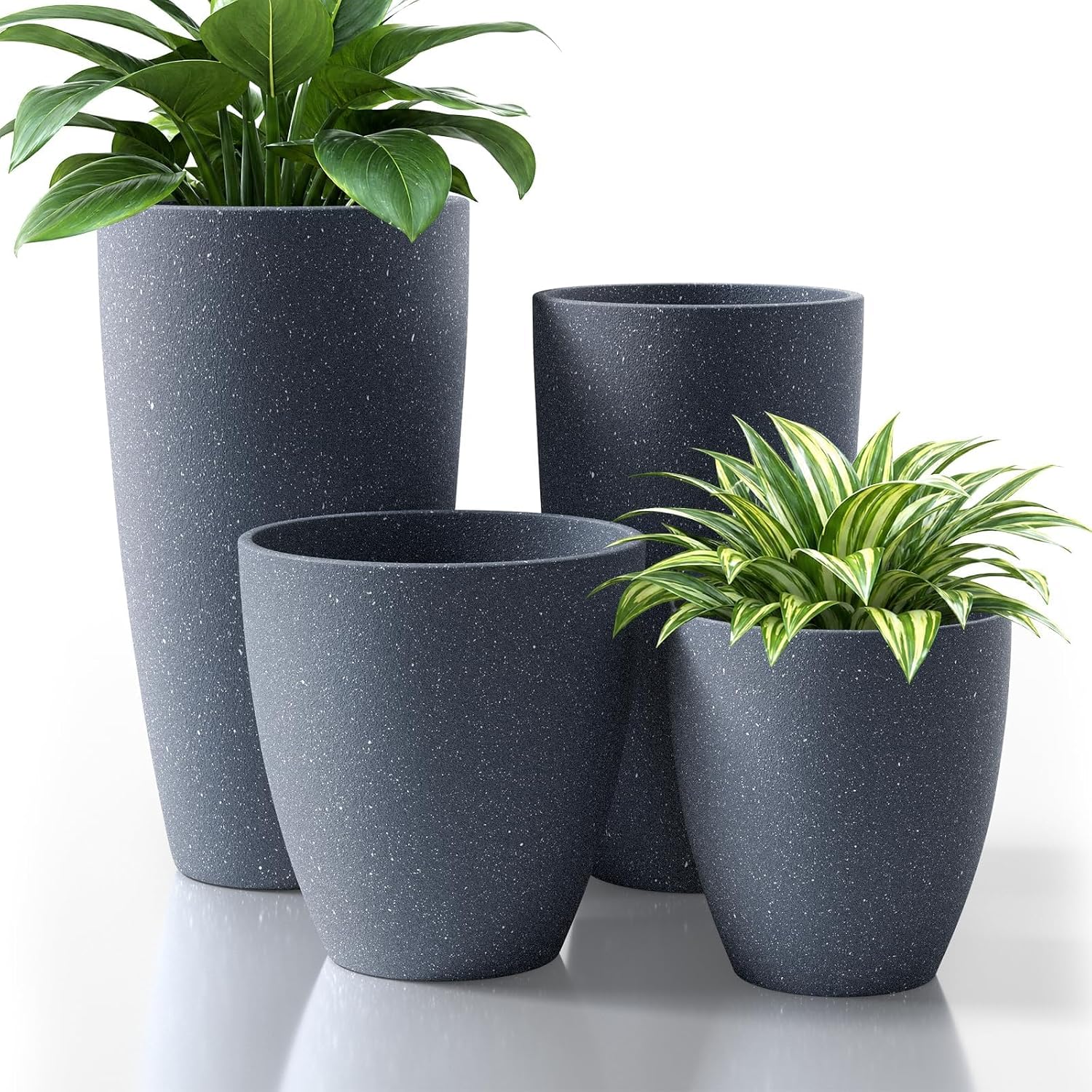 Detalle de ZMTECH 4-Pack Plastic Planters, 21/18/12/10 in, Dark Grey Faux-Stone Finish