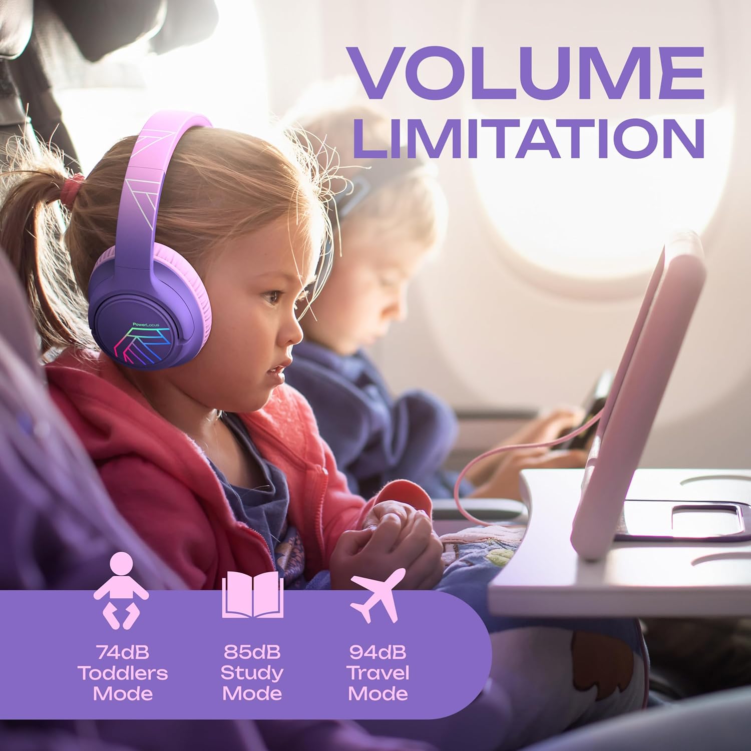 Thumbnail 3 de PowerLocus Casque Audio Enfant — Bluetooth 5.3, 74/85/94dB, LED, Partage et 45 h d’autonomie