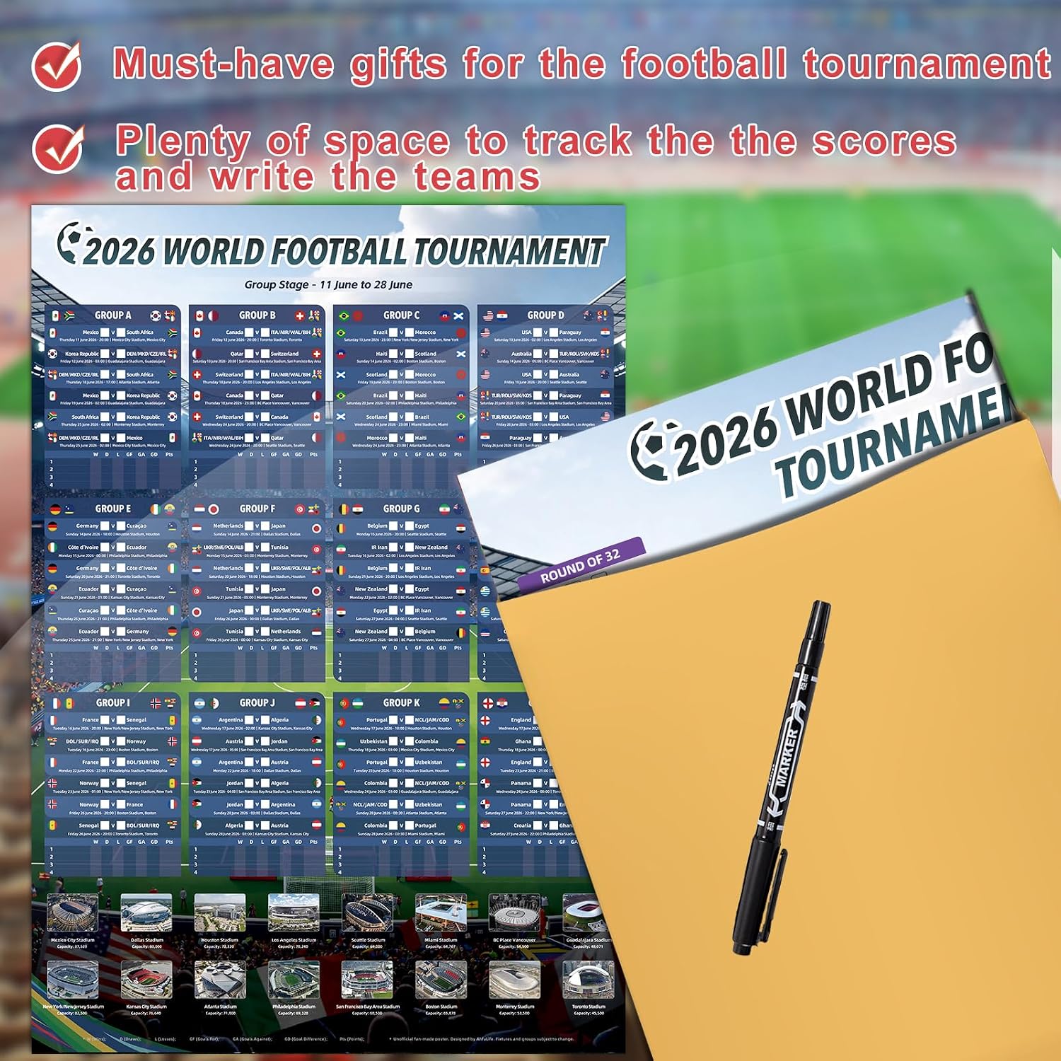 Thumbnail 6 de AhfuLife World Cup Football Wall Chart 2026 (A2) – Party Decor & Match Calendar