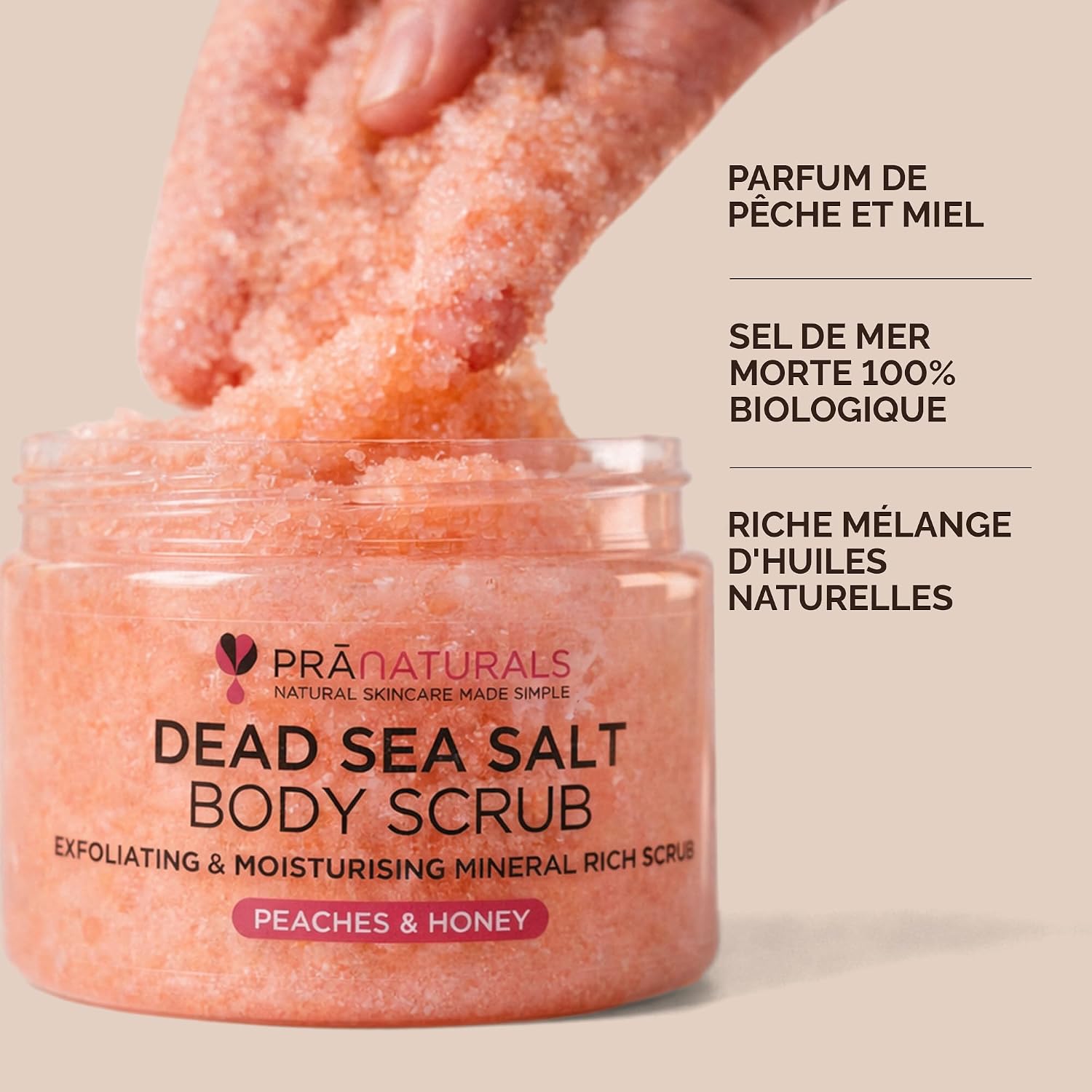Detalle 2 de PraNaturals Gommage au Sel de la mer Morte avec Pêche & Miel 500 g – Hydratant & Nourrissant
