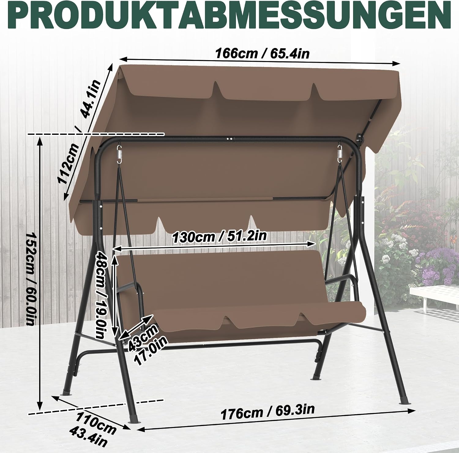 Detalle de UISEBRT Dondolo da giardino a 3 posti con tettuccio regolabile – marrone scuro, 176 × 110 × 152 cm