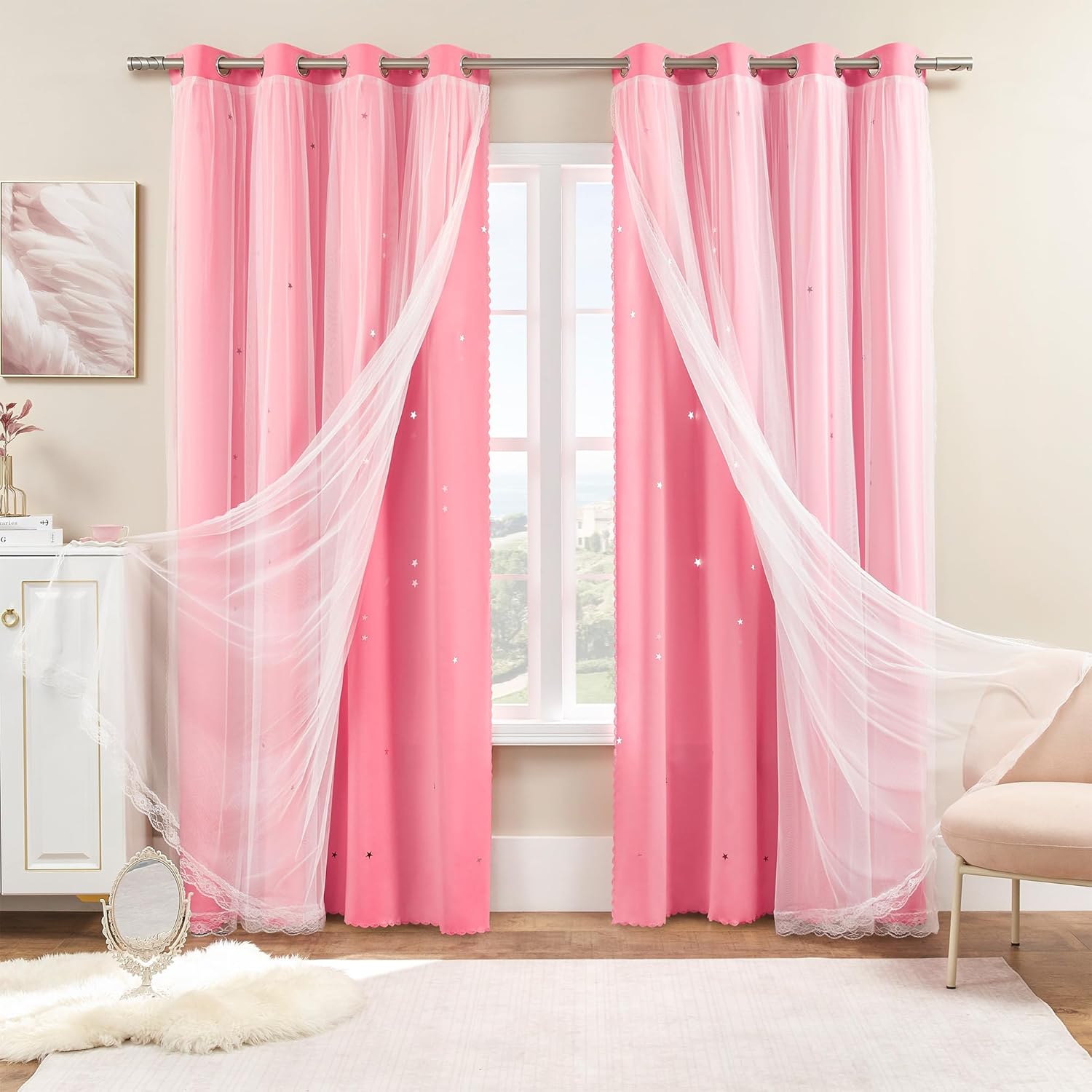 Thumbnail 6 de XiDi Pink Blackout Curtains for Kids Room (1 Panel) with Star Cutouts