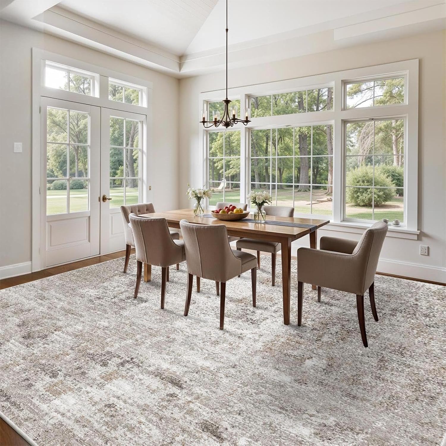 Thumbnail 2 de 12x12ft Square Living Room Rug – Non-Slip Washable Low-Pile Area Carpet (Beige Grey)