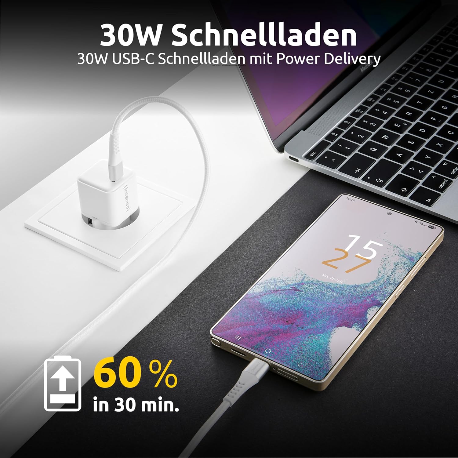 Detalle 2 de Intenso Power Adapter W30C GaN – 30-W-USB‑C-Ladegerät mit Power Delivery (PD), EU-Stecker (weiß)