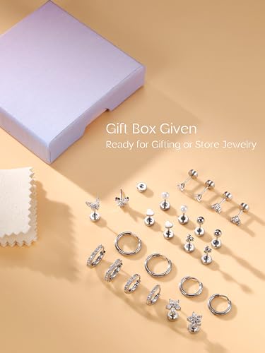 Detalle de CASSIECA 12 Pairs Silver Earrings – Hypoallergenic Flat Back Studs & Hoops