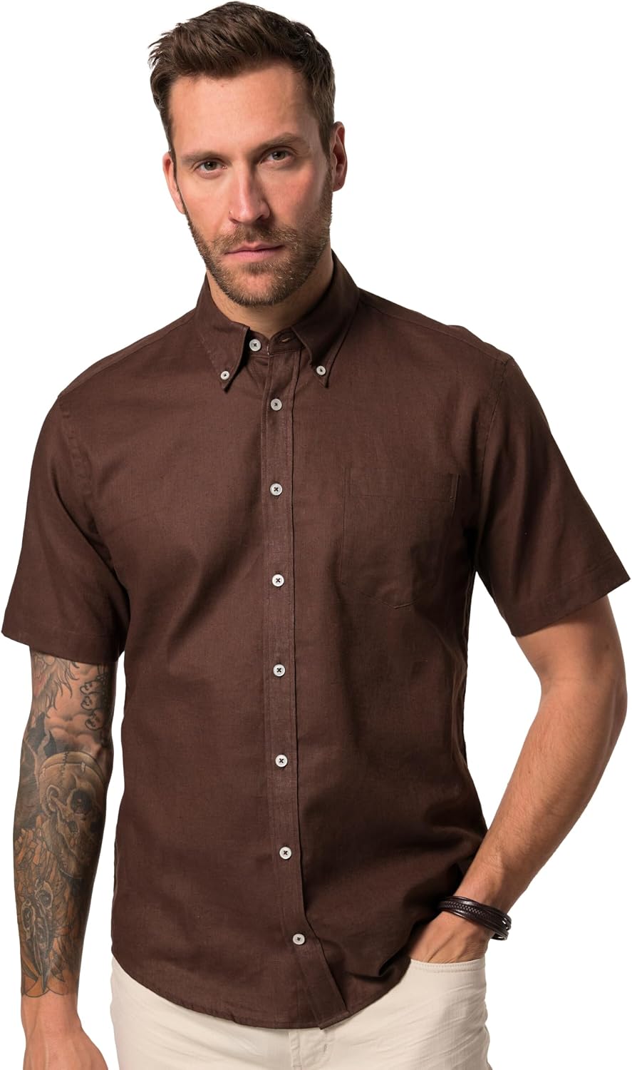 Detalle de Chemise JP 1880 en Lin Mélangé – Manches courtes, coupe Modern Fit, jusqu'au 8 XL