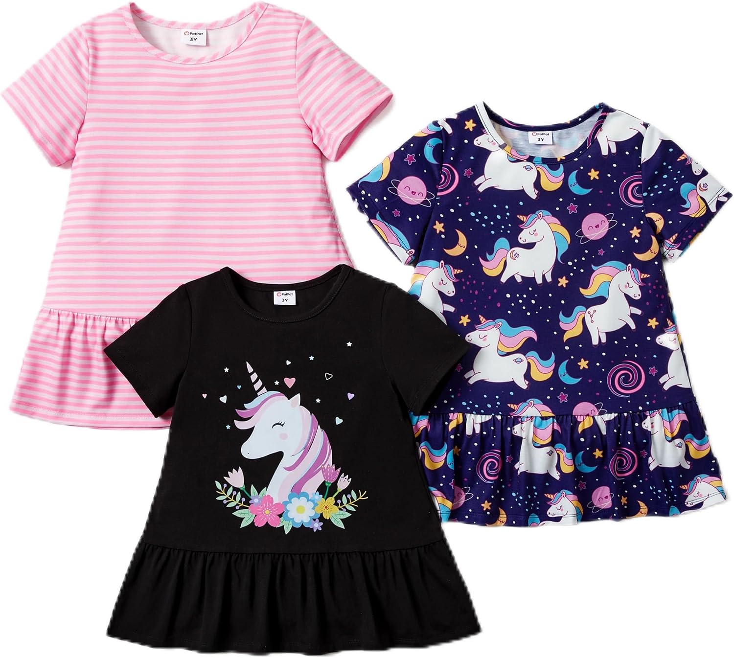Lot de 3 robes d’été pour fille PATPAT (2 à 7 ans) – manches courtes à volants, 3 motifs