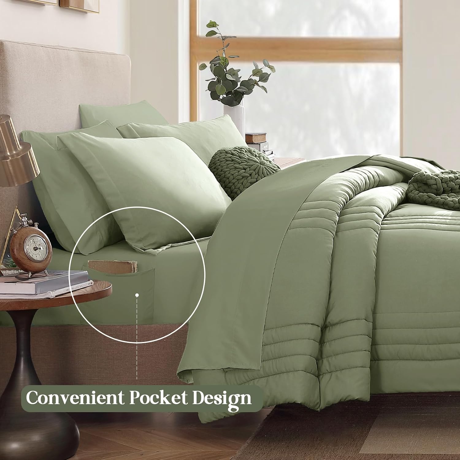 Thumbnail 3 de Monbix Queen Comforter Set - 7 Pieces Sage Green Bed in a Bag