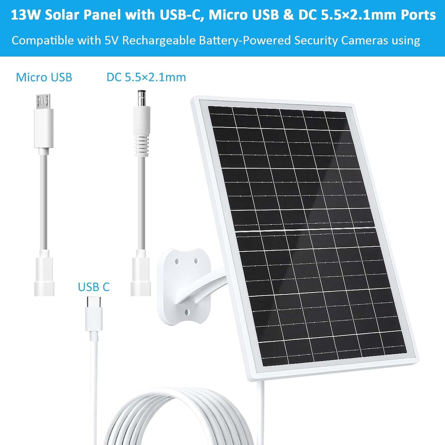 Thumbnail 6 de FUTUREZEN 13W Solar Panel for Security Cameras & Trail Cameras (USB-C, Micro USB, 5.5x2.1mm DC) with IP66 Weather Protection