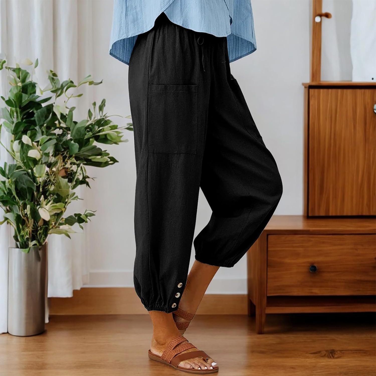 Thumbnail 2 de CrystErzoix Pantaloni Donna Estivi Leggeri in Cotone - 7/8 a Gamba Larga con Elastico in Vita