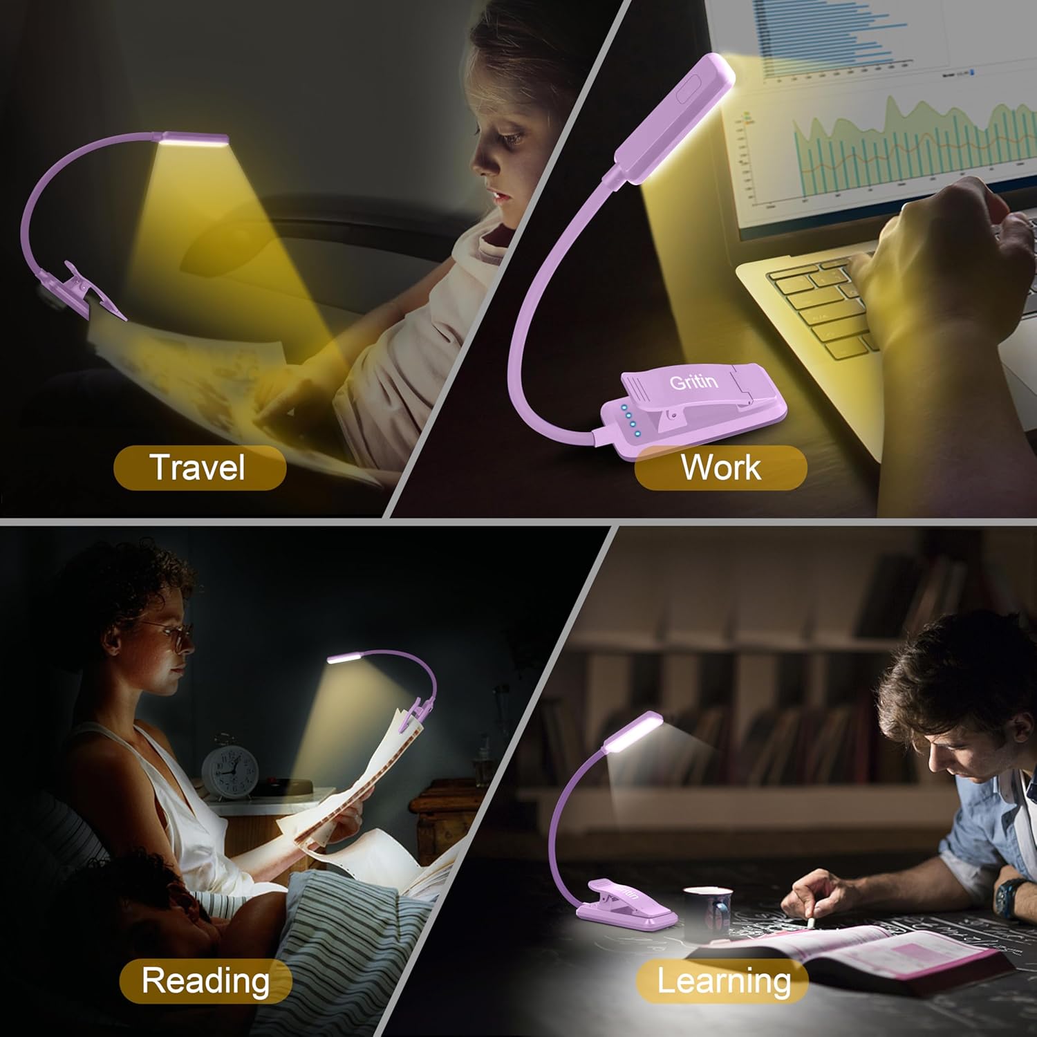 Thumbnail 6 de Gritin Leselampe Buch Klemme – USB-Aufladbare Klemmleuchte mit 3 Farbtemperaturen und 360° Flexibilität (Lila)